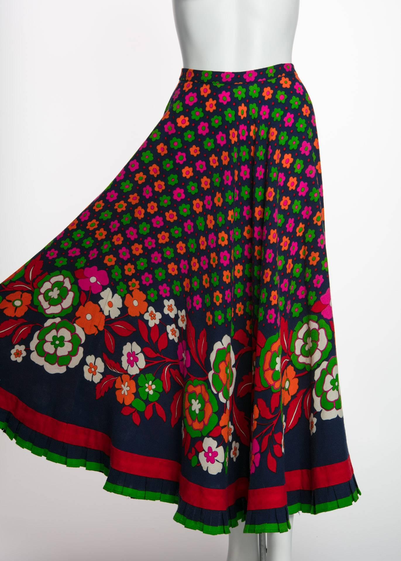 Women's 1970s Lanvin Haute-Couture Multicolored Florals Wool Skirt & Shawl Set