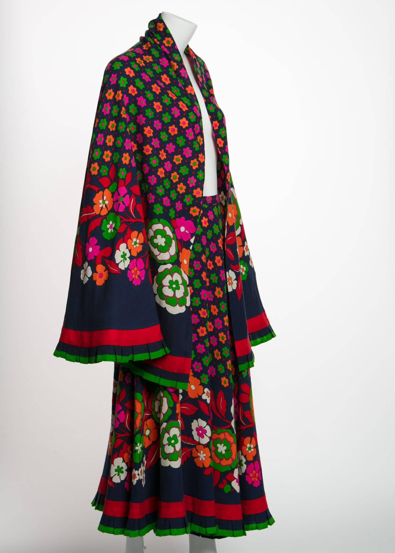 1970s Lanvin Haute-Couture Multicolored Florals Wool Skirt & Shawl Set 1