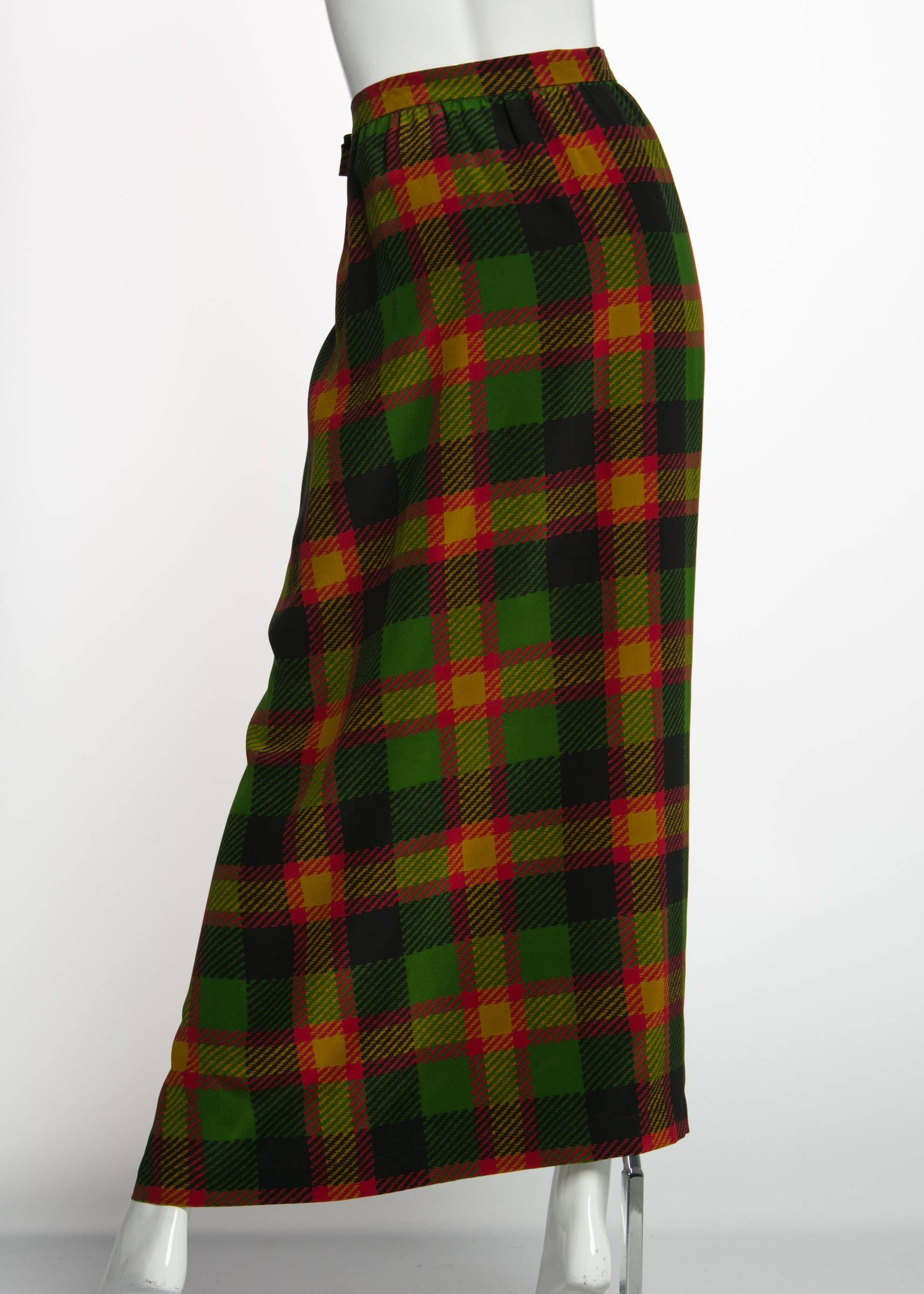 Black 1990s  Yves Saint Laurent Silk Plaid Maxi Wrap Sash Skirt Vintage YSL