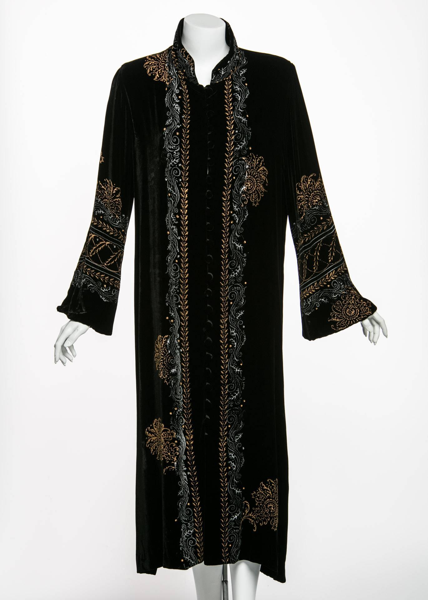 Mary Jane Sarvis Couture Fine Art  Black Silk Velvet Metallic Painted Caftan  1