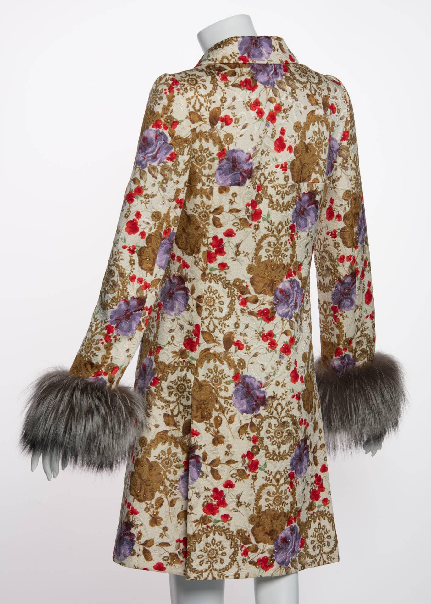 Brown 1990s Tuleh Brocade Floral Print Metallic Filigree Genuine Fox Fur Trim Coat