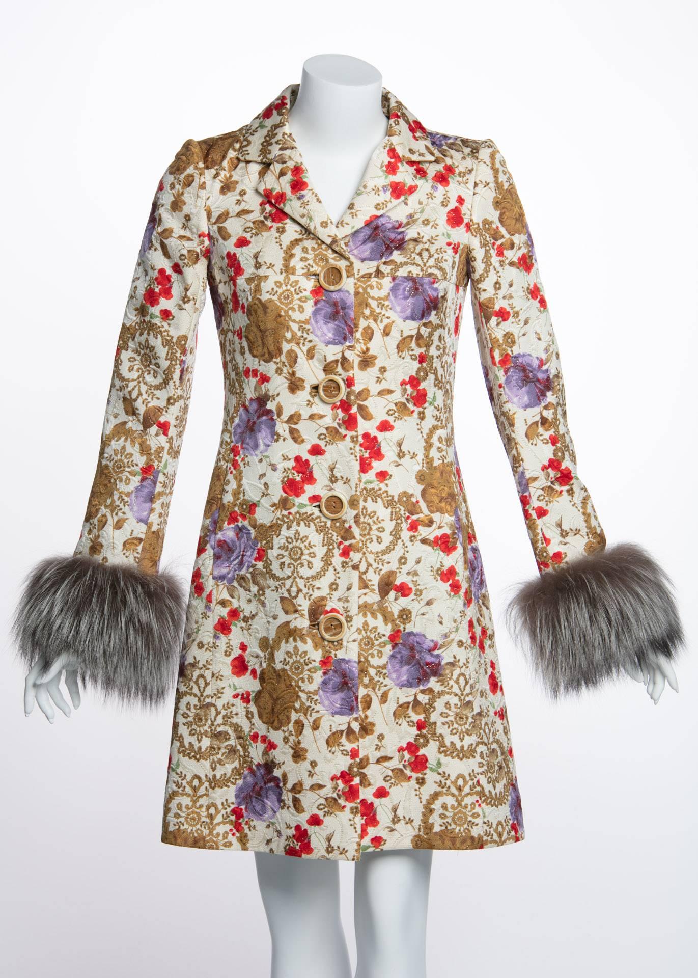 Dare to be feminine in this chic little coat by New York based Tuleh. Launched by Josh Patner and Bryan Bradley, their clothes “release the pink” in women. This beautifully detailed coat is made from a silk/wool blend brocade weave with an
