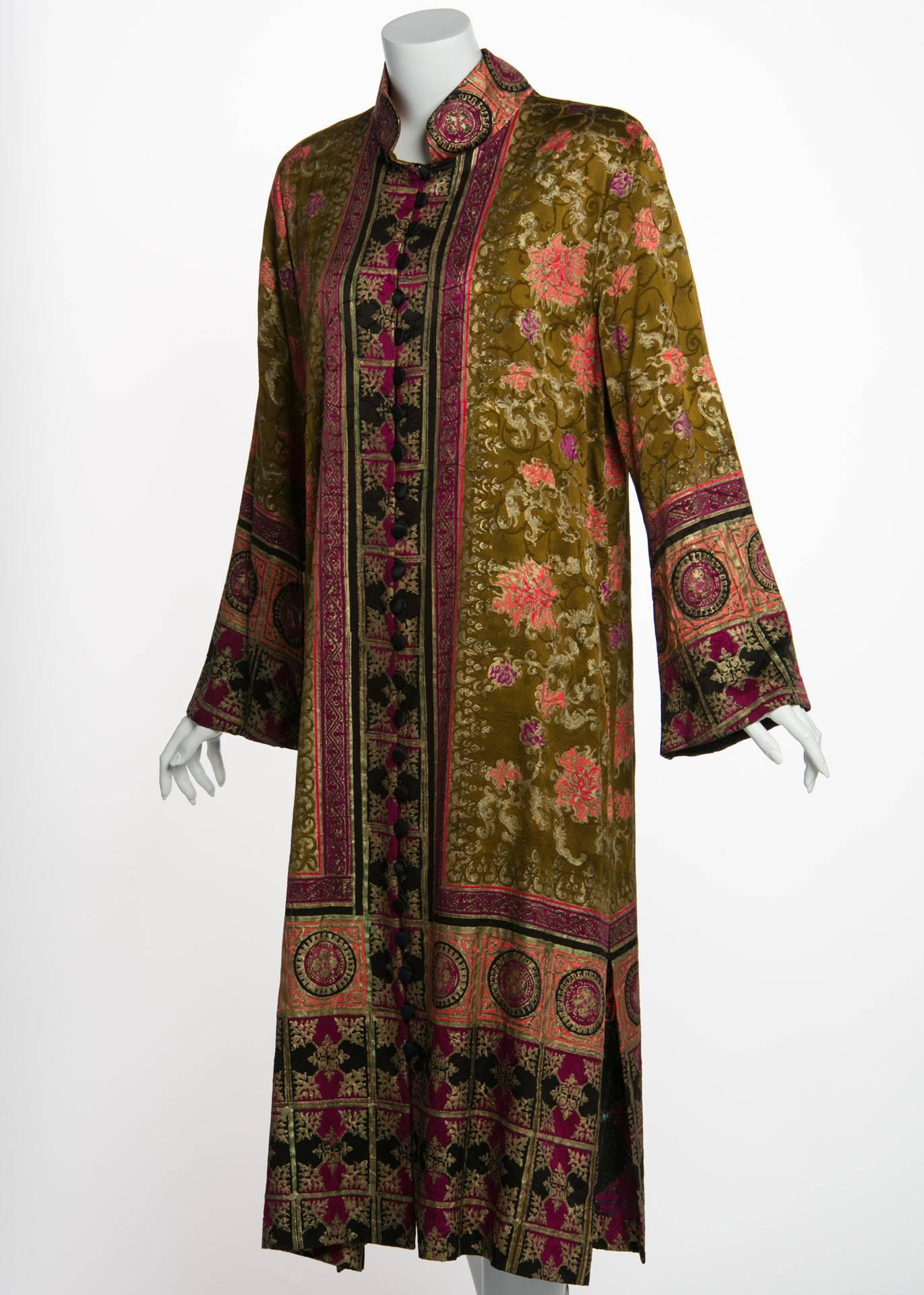 Dating back hundreds of years, block printing is one of the earliest technologies for creating textile surface design. The high level of skill required in even block placement and inking is astoundingly evident in this silk caftan by American
