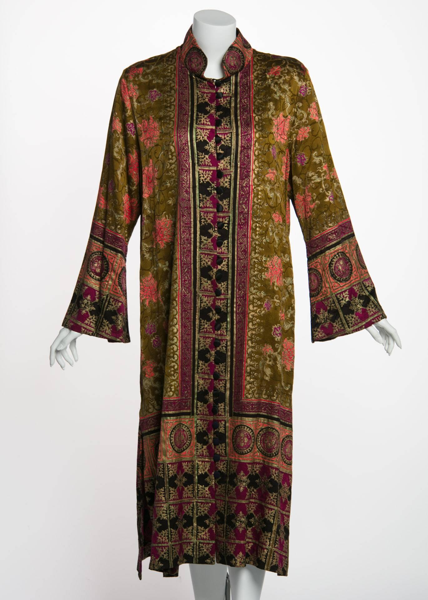 Brown Mary Jane Sarvis One of a Kind Hand-Printed Couture Silk Caftan Dress