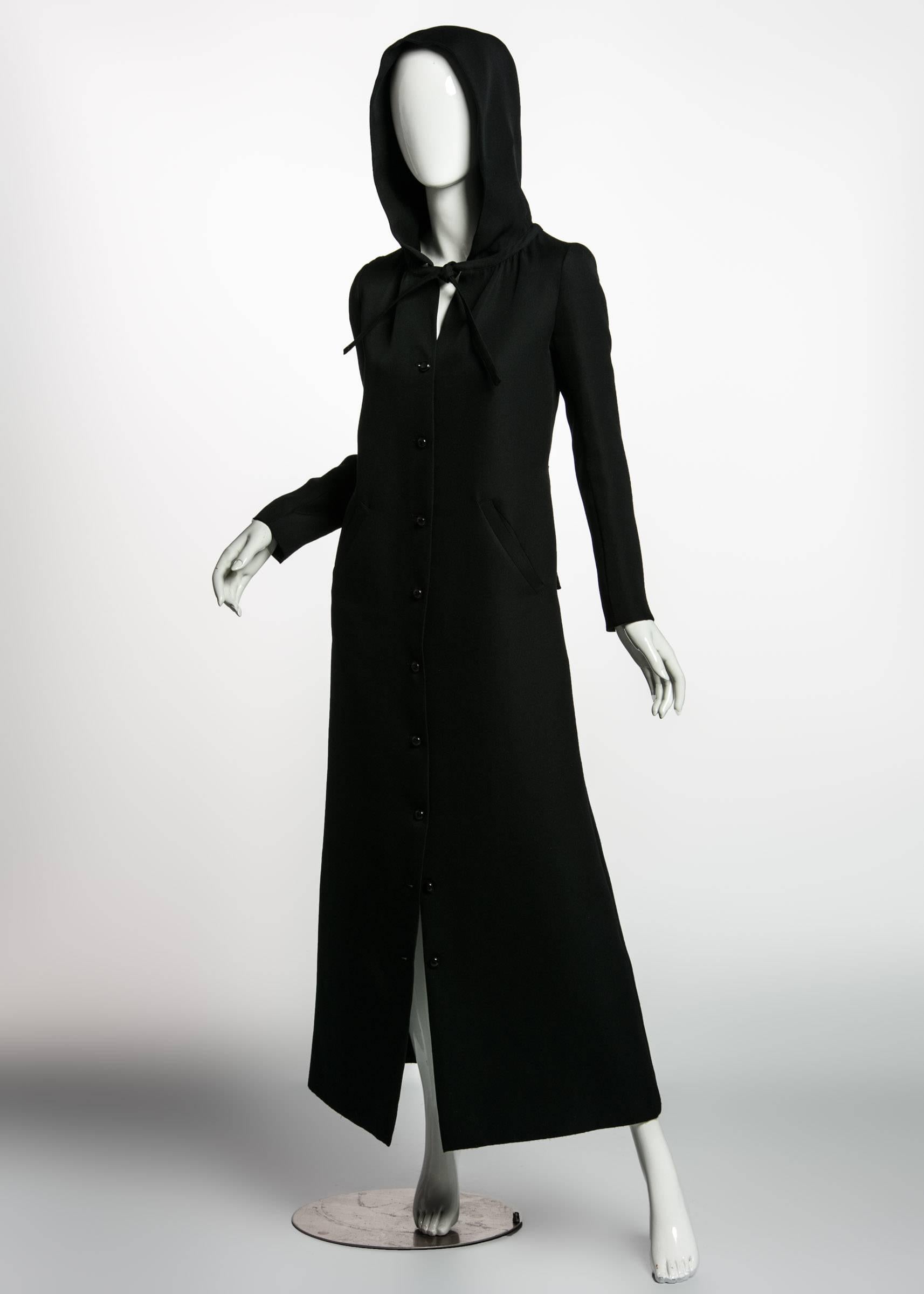 Women's 1960s Courrѐges Paris Mod Black Maxi Coat with Hood