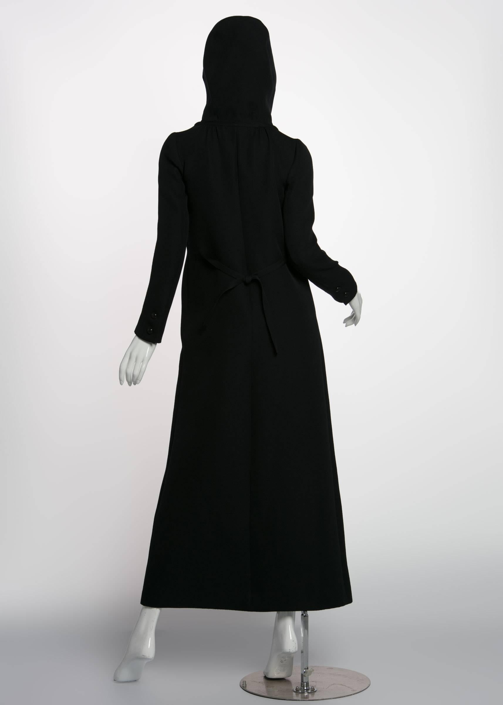 1960s Courrѐges Paris Mod Black Maxi Coat with Hood 1