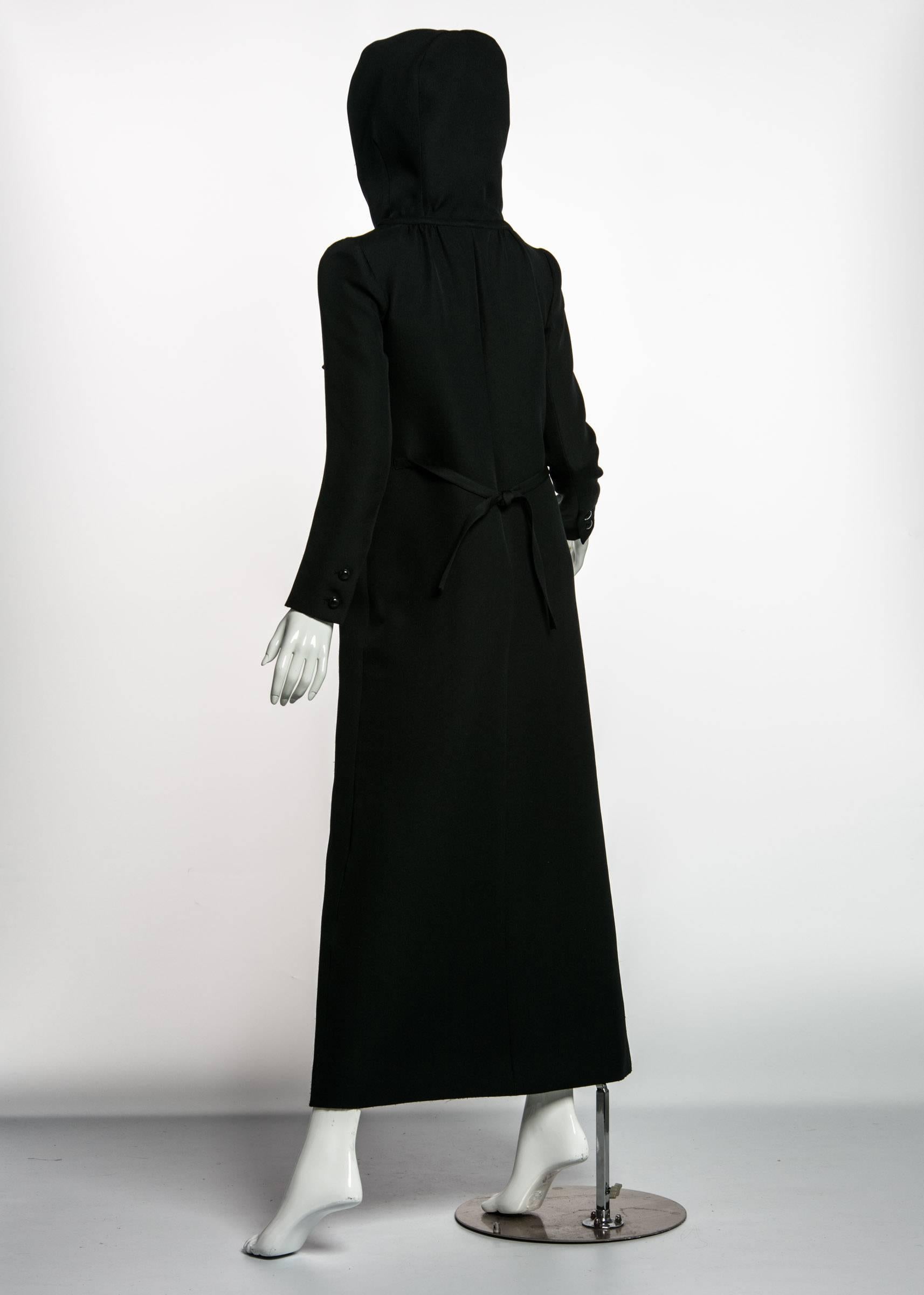 1960s Courrѐges Paris Mod Black Maxi Coat with Hood 2