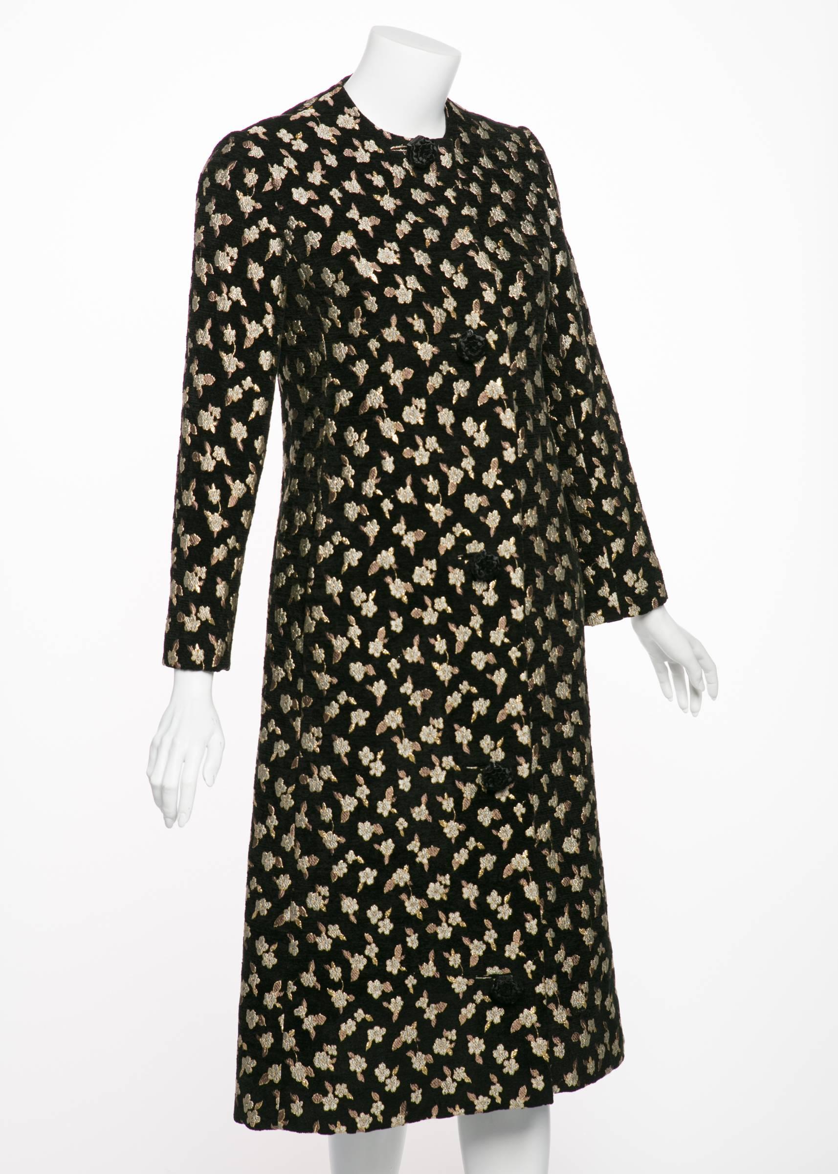 1960's Pauline Trigere  Black Chenille Metallic Floral Brocade Tailored Coat In Excellent Condition In Boca Raton, FL