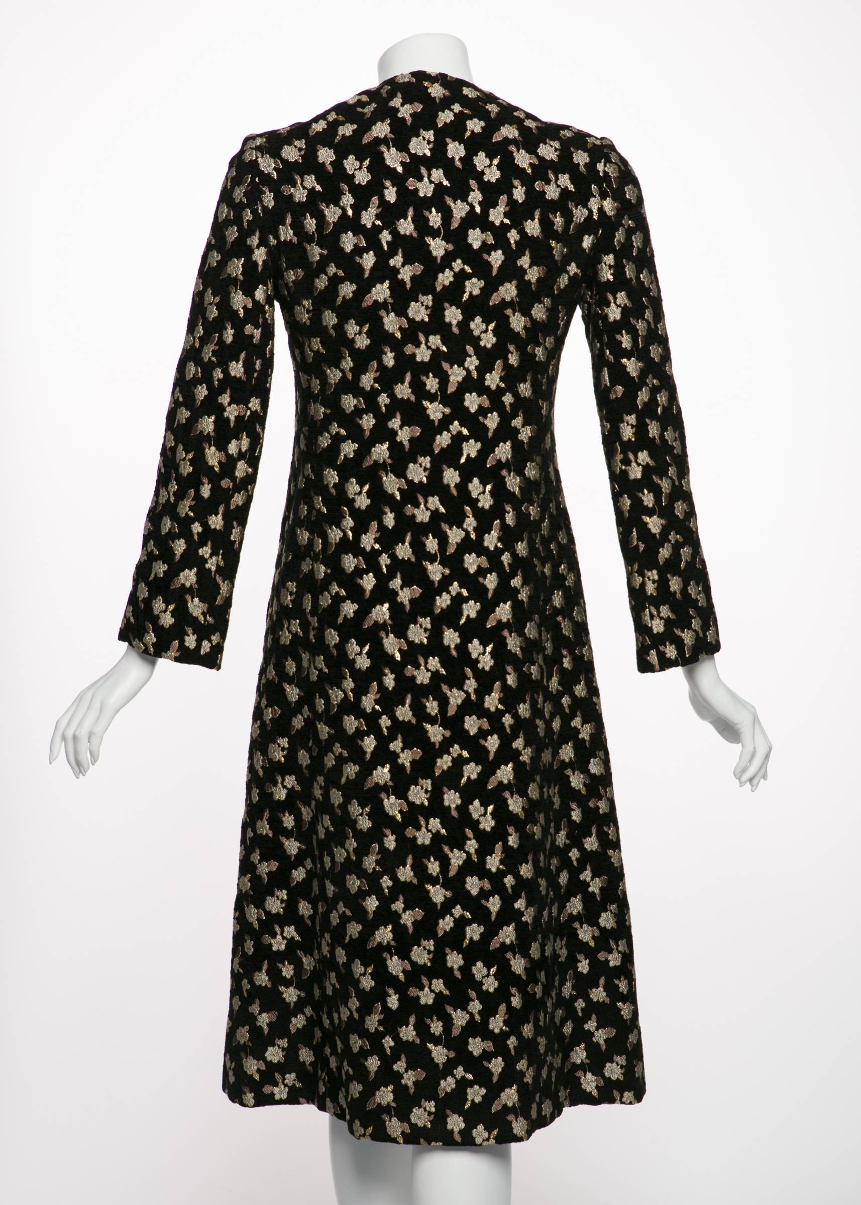 Women's 1960's Pauline Trigere  Black Chenille Metallic Floral Brocade Tailored Coat