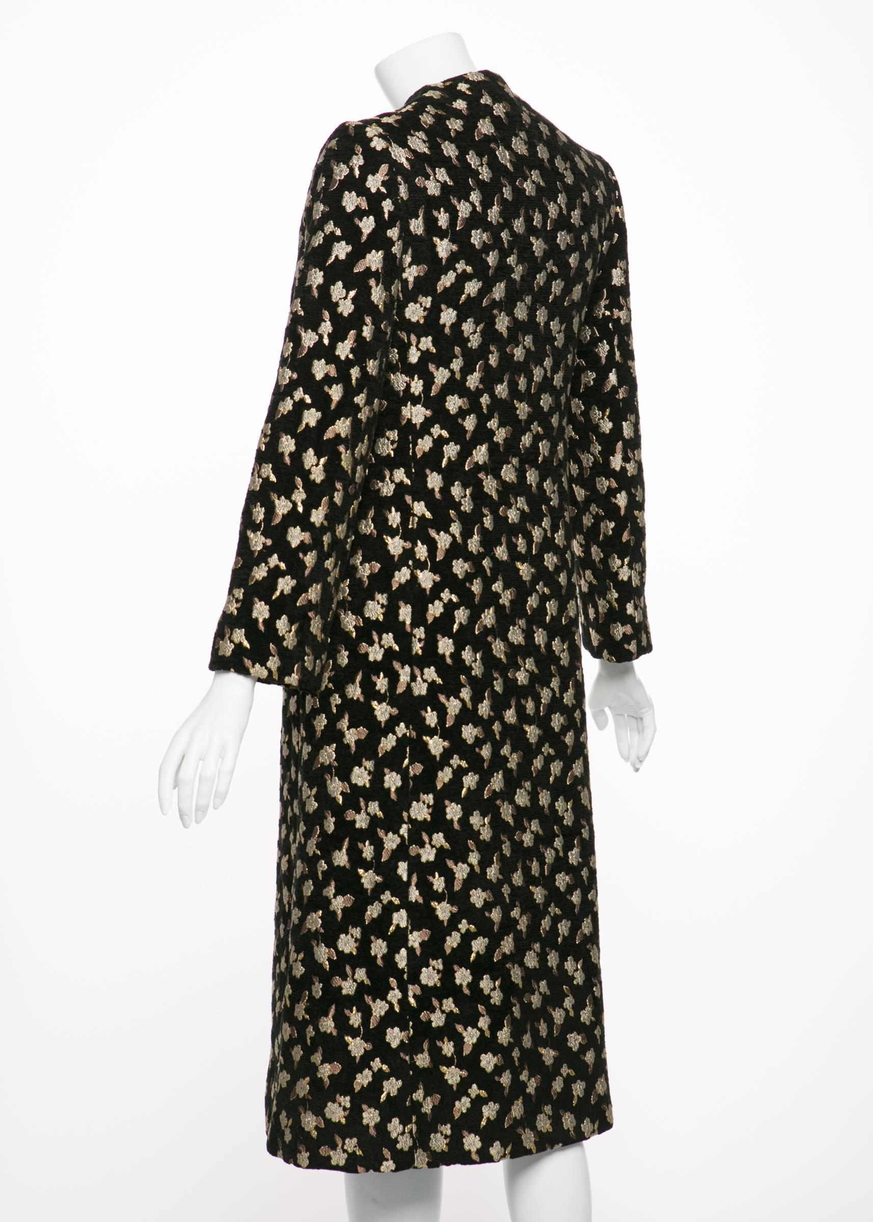 1960's Pauline Trigere  Black Chenille Metallic Floral Brocade Tailored Coat 1