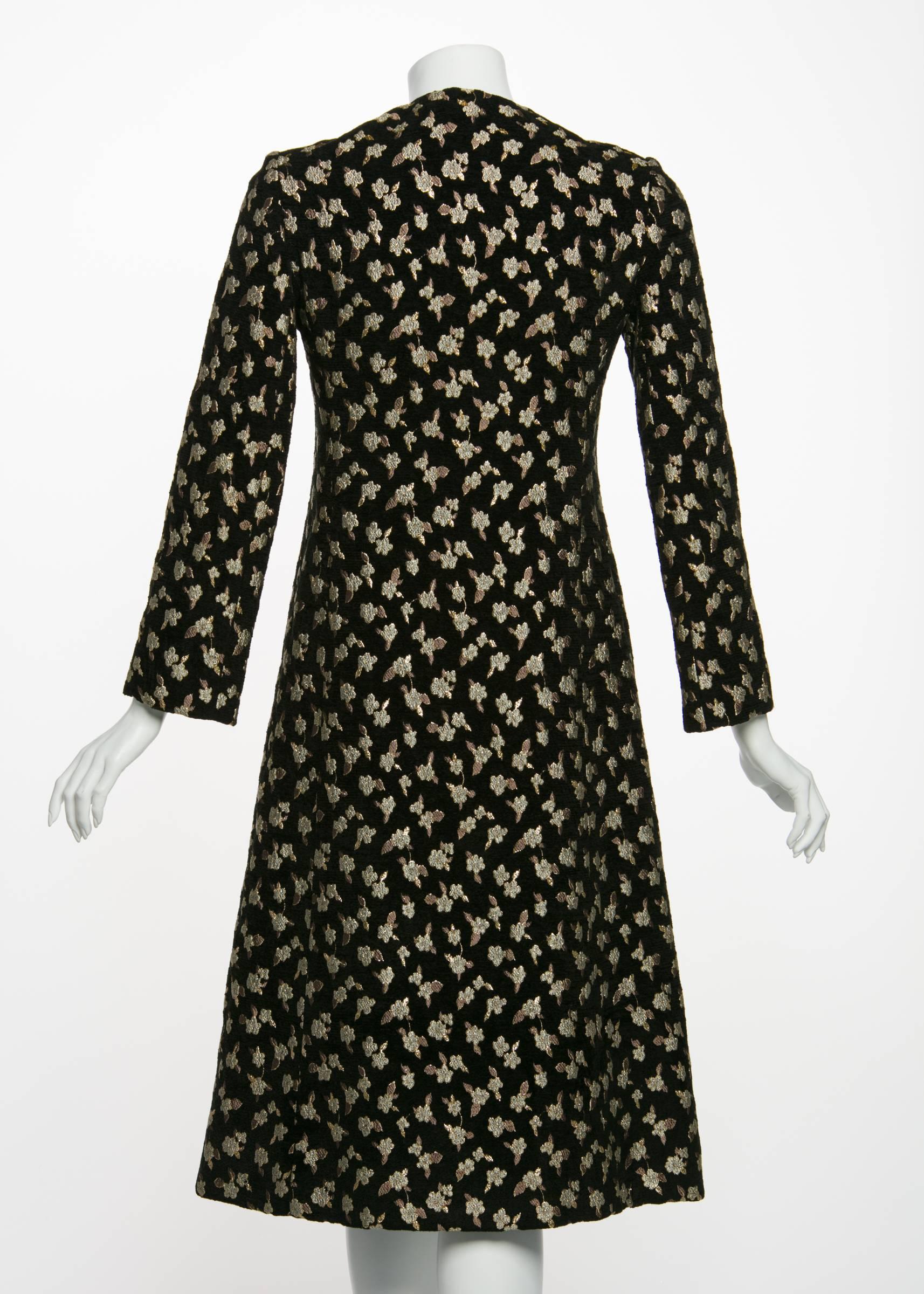1960's Pauline Trigere  Black Chenille Metallic Floral Brocade Tailored Coat 2