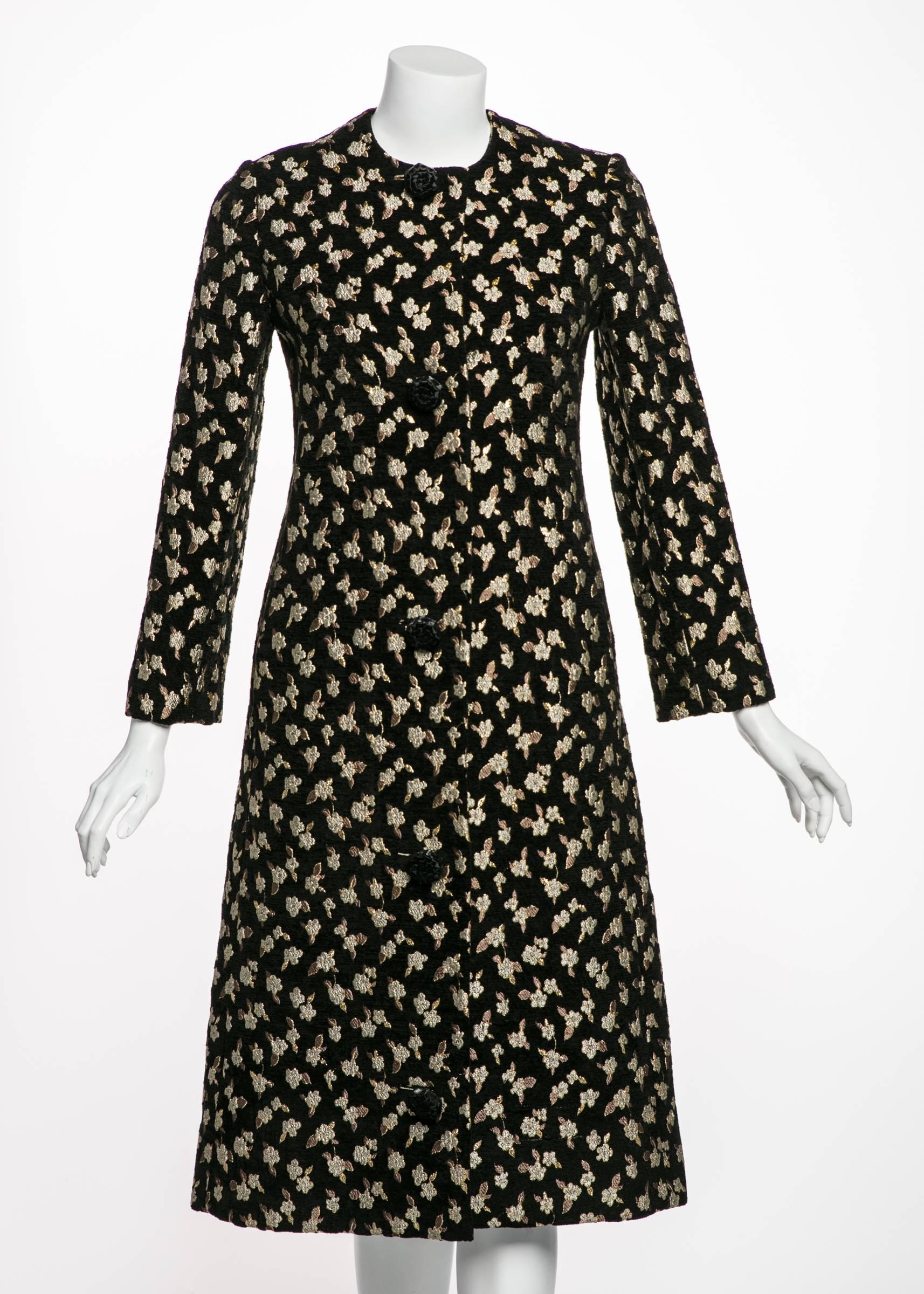 1960's Pauline Trigere  Black Chenille Metallic Floral Brocade Tailored Coat 3