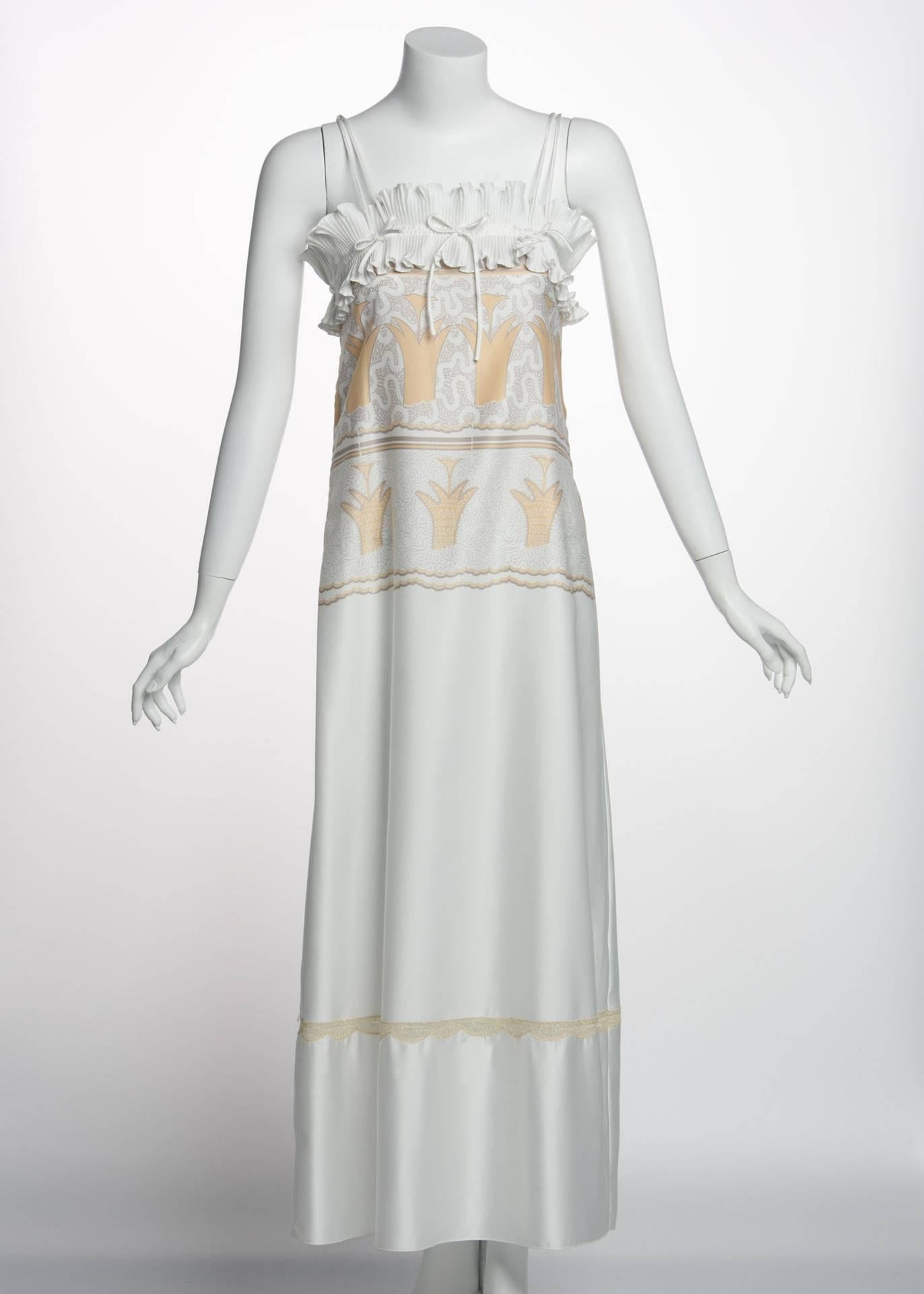 Gray 1970s Zandra Rhodes Silky Satin Screen Print  Pleats & Bows Lingerie Slip Dress