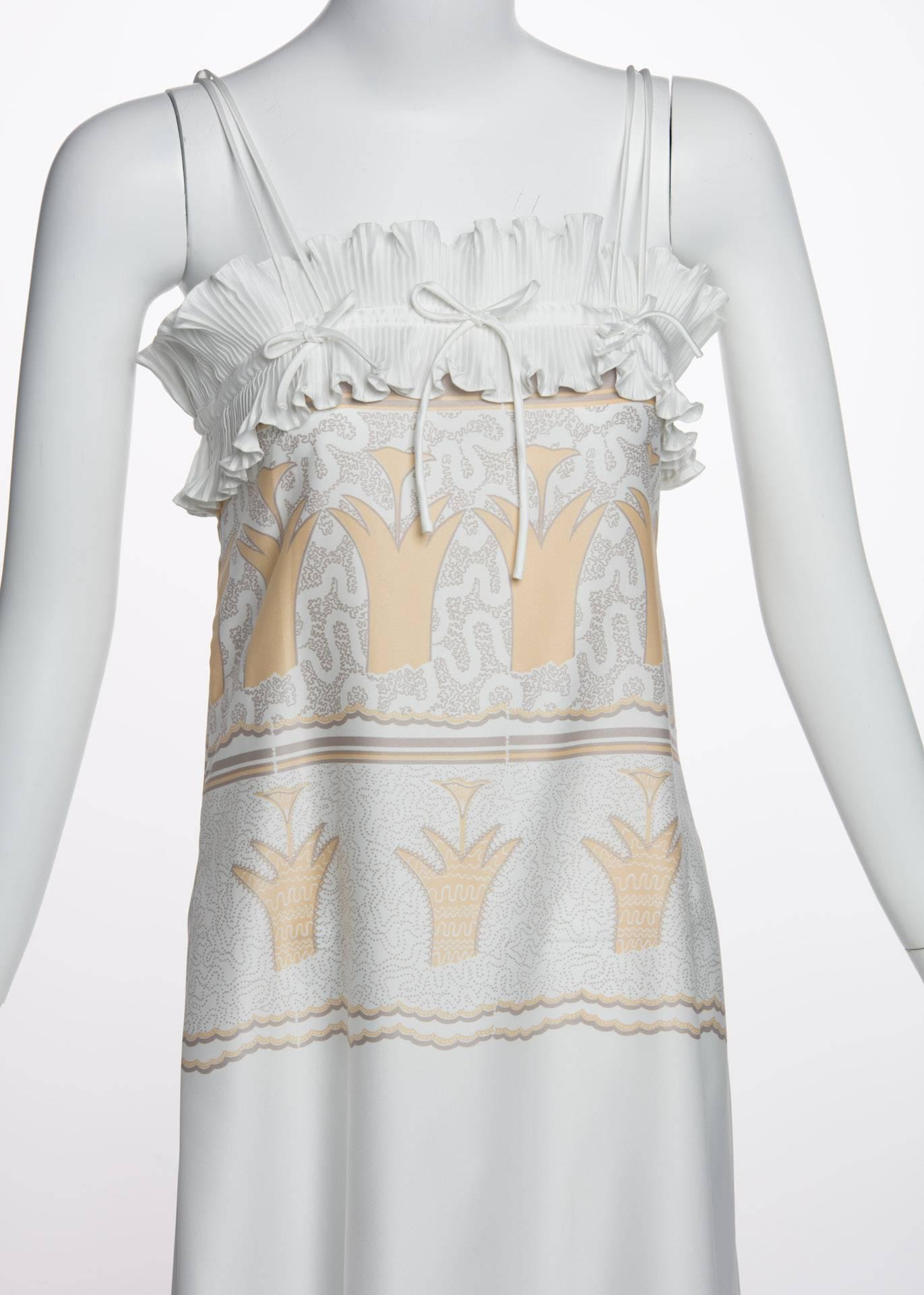 1970s Zandra Rhodes Silky Satin Screen Print  Pleats & Bows Lingerie Slip Dress In Excellent Condition In Boca Raton, FL