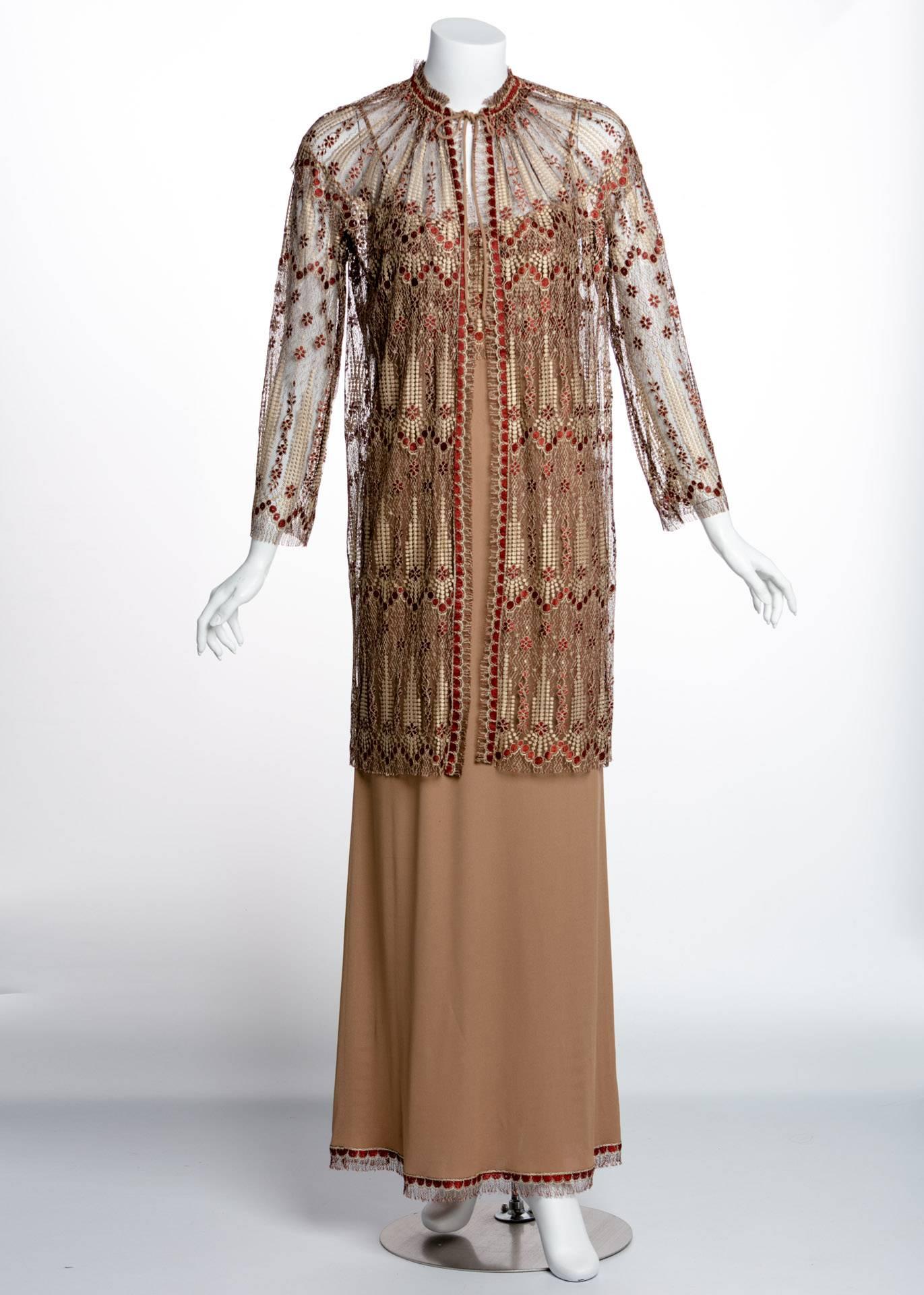 1970s Janice Wainwright Metallic Embroidered Lace Jacket and Maxi Slip Dress Set 1