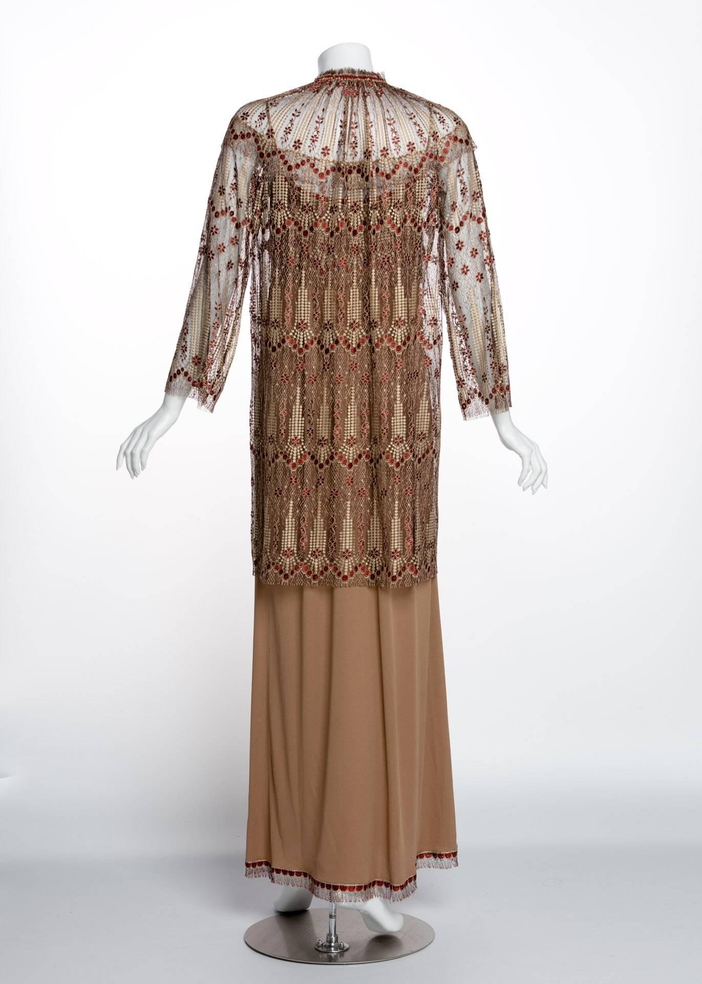 Brown 1970s Janice Wainwright Metallic Embroidered Lace Jacket and Maxi Slip Dress Set