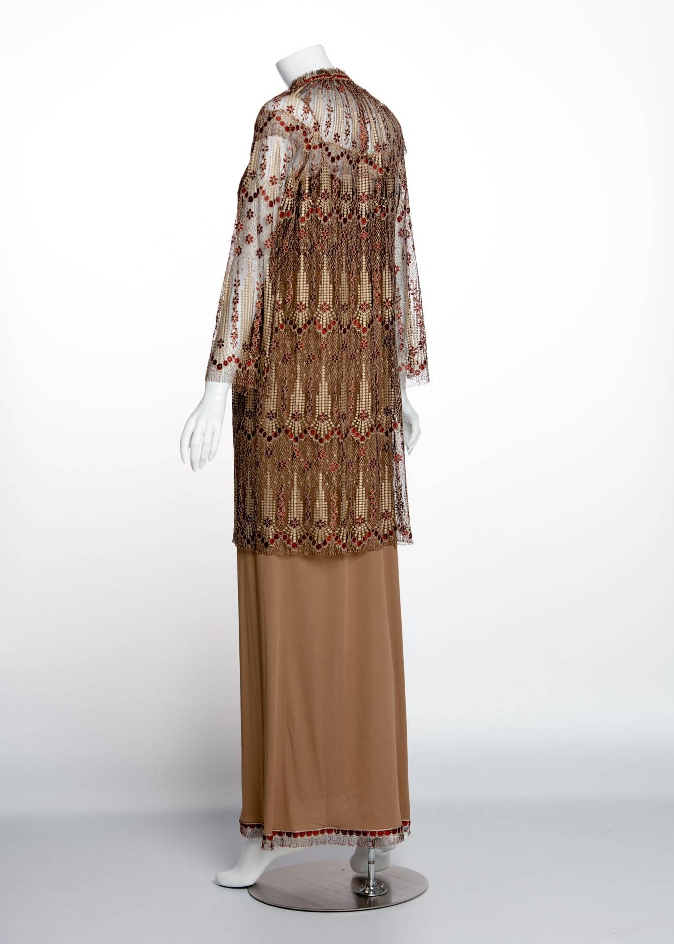 1970s Janice Wainwright Metallic Embroidered Lace Jacket and Maxi Slip Dress Set In Excellent Condition In Boca Raton, FL