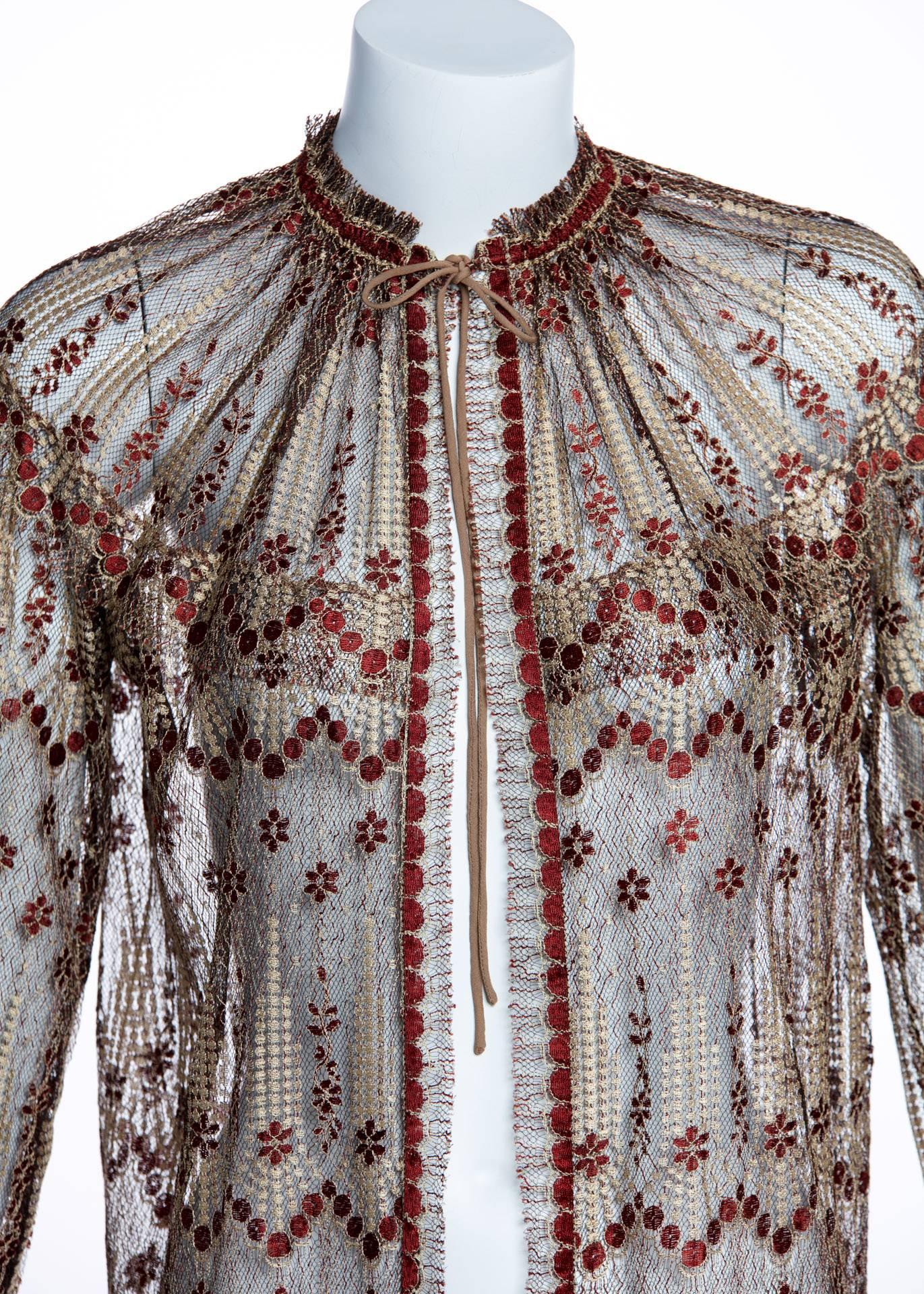 1970s Janice Wainwright Metallic Embroidered Lace Jacket and Maxi Slip Dress Set 1