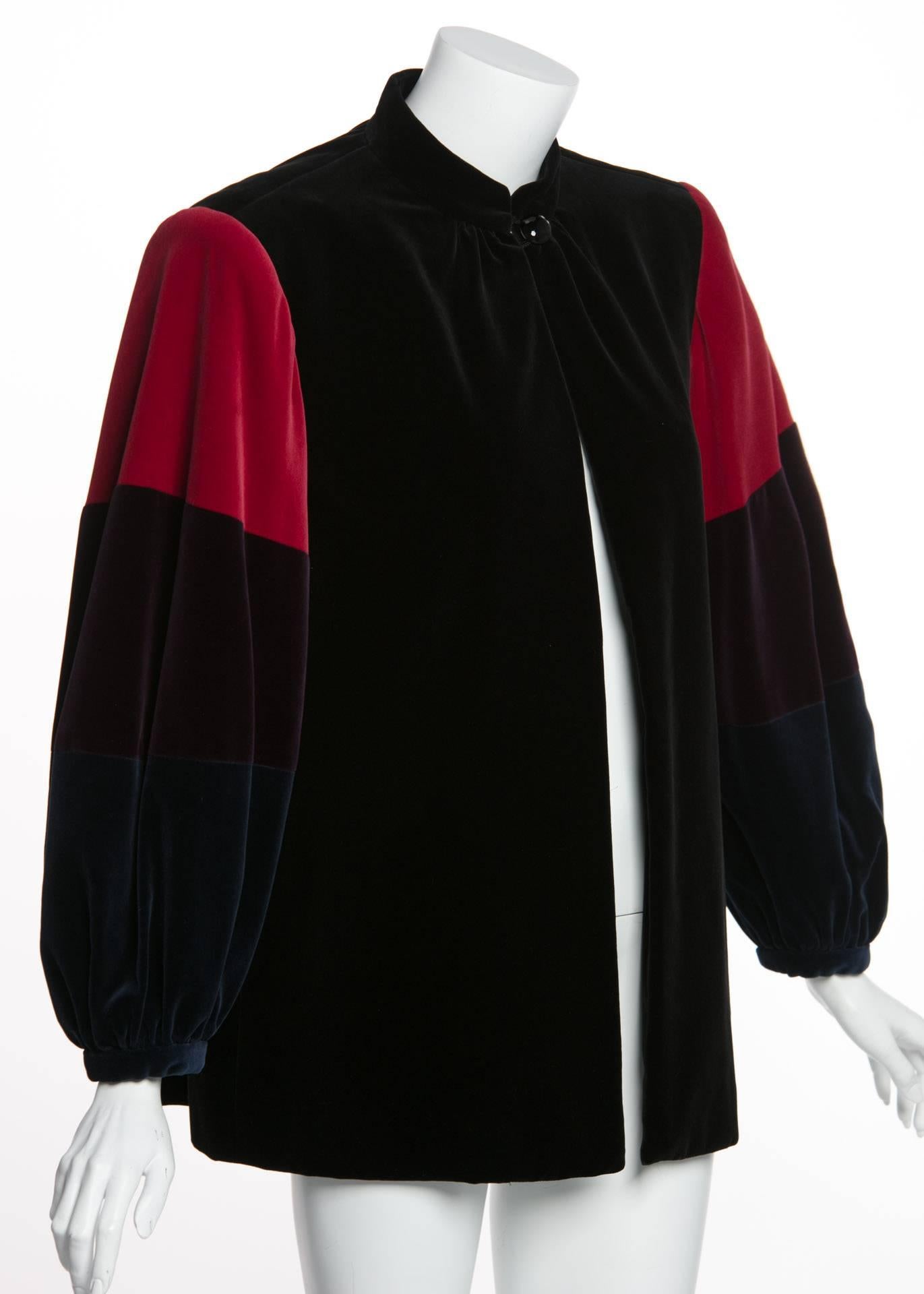 Black Yves Saint Laurent YSL Velvet Color-Blocked Sleeves Swing Smock Jacket, 1970s 