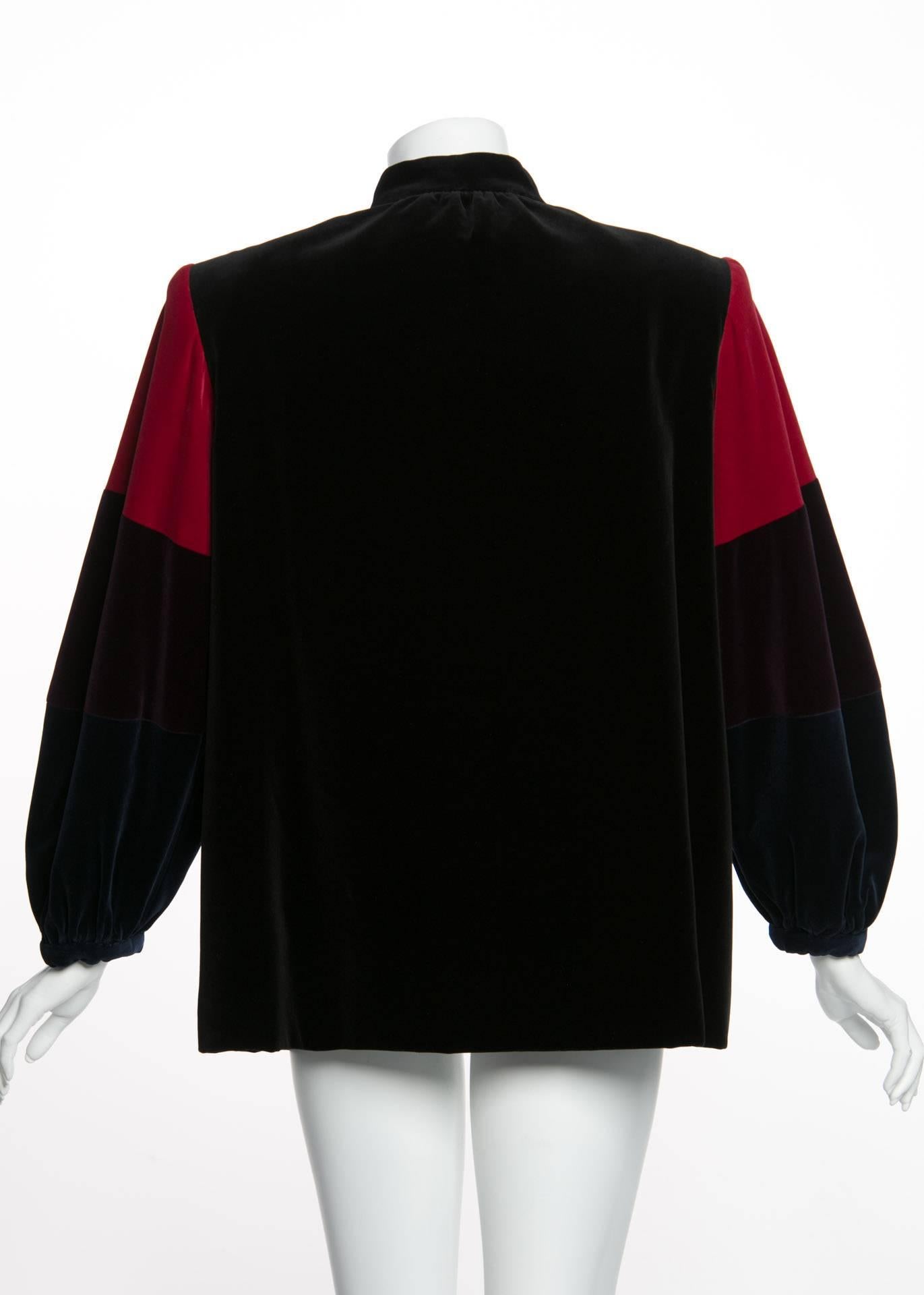 Yves Saint Laurent YSL Velvet Color-Blocked Sleeves Swing Smock Jacket, 1970s  In Excellent Condition In Boca Raton, FL