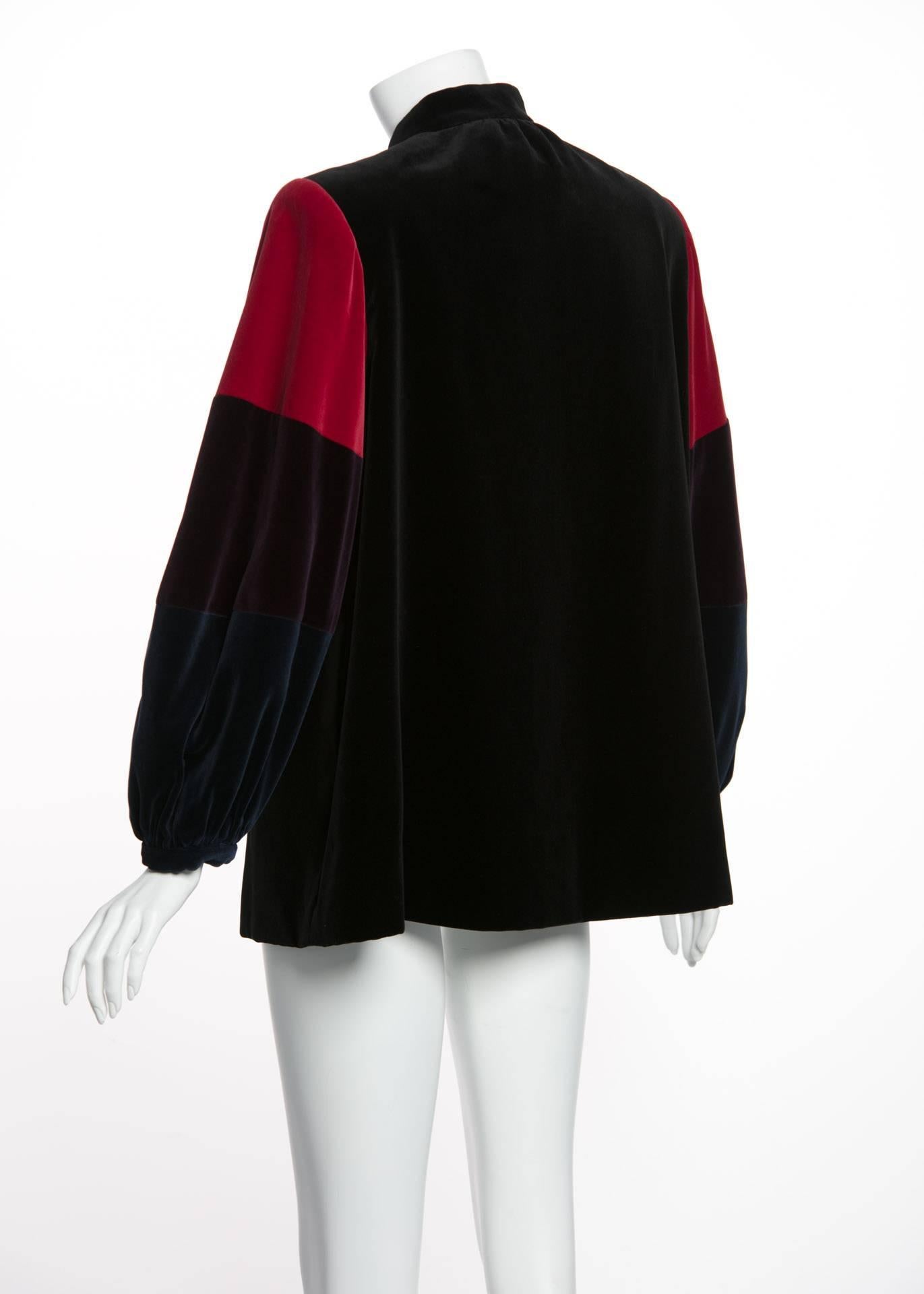 Women's Yves Saint Laurent YSL Velvet Color-Blocked Sleeves Swing Smock Jacket, 1970s 