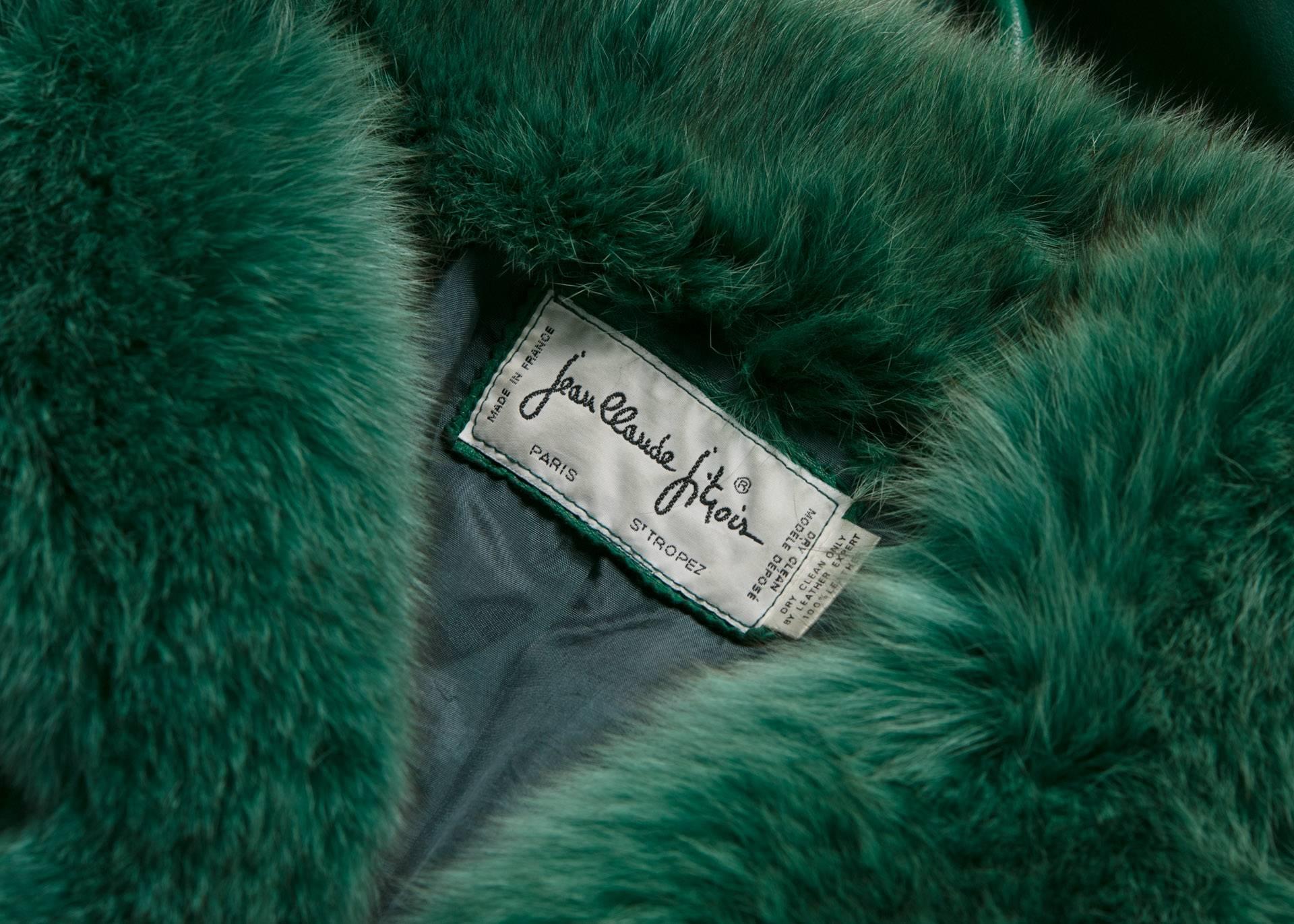 Women's 1980s Jean Claude Jitrois Jewel Green Leather Dolman Sleeve Fox Fur Trimmed Coat