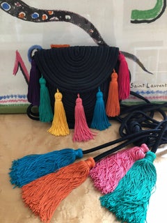 1990s Yves Saint Laurent Black Passementerie Tassel Shoulder Belt Bag YSL