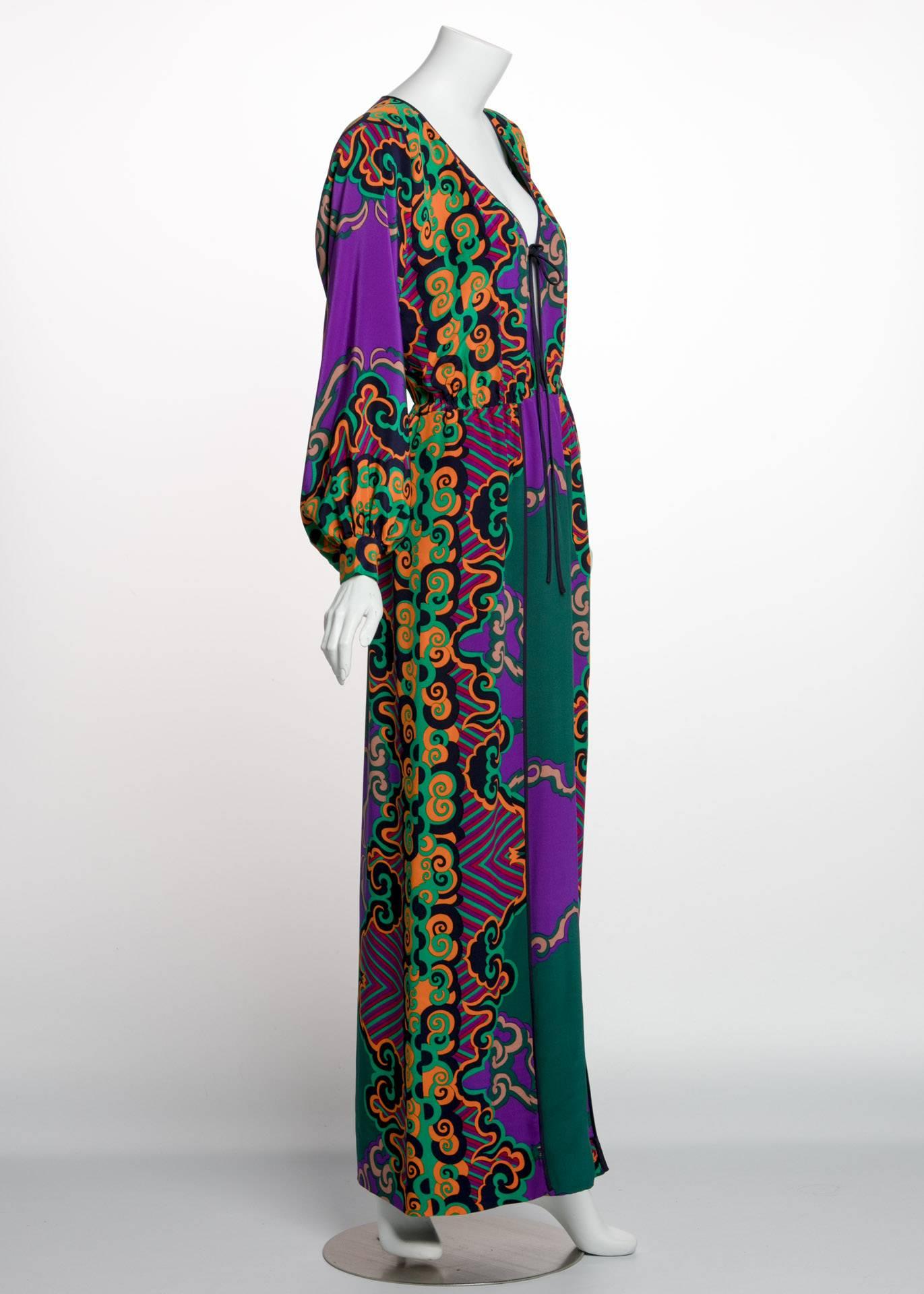 Black James Galanos Couture Emerald Green and Purple Silk Print Dress, 1970s 