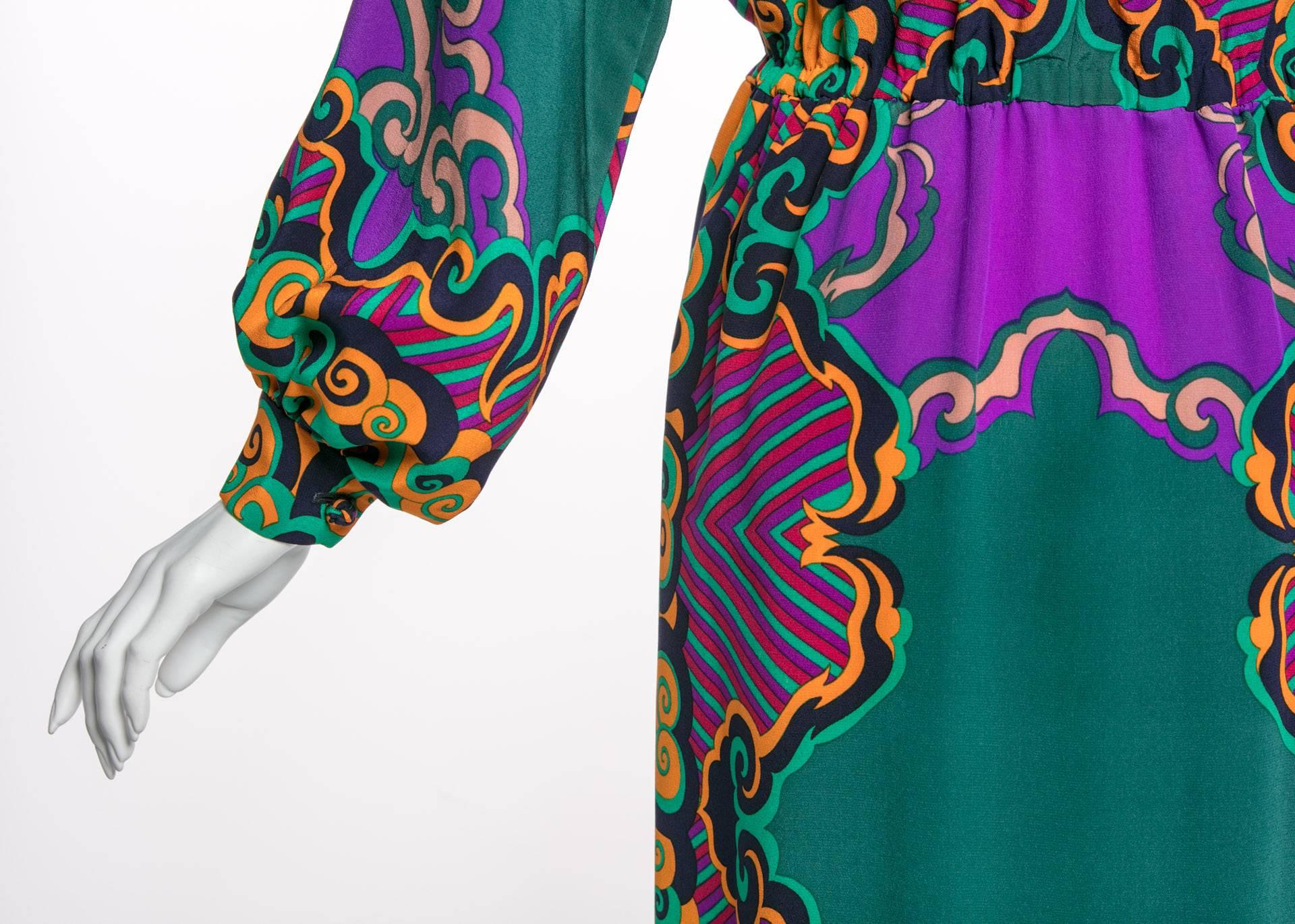 Women's James Galanos Couture Emerald Green and Purple Silk Print Dress, 1970s 