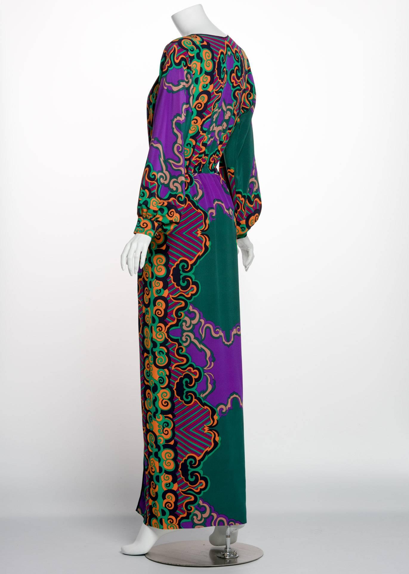 James Galanos Couture Emerald Green and Purple Silk Print Dress, 1970s  1