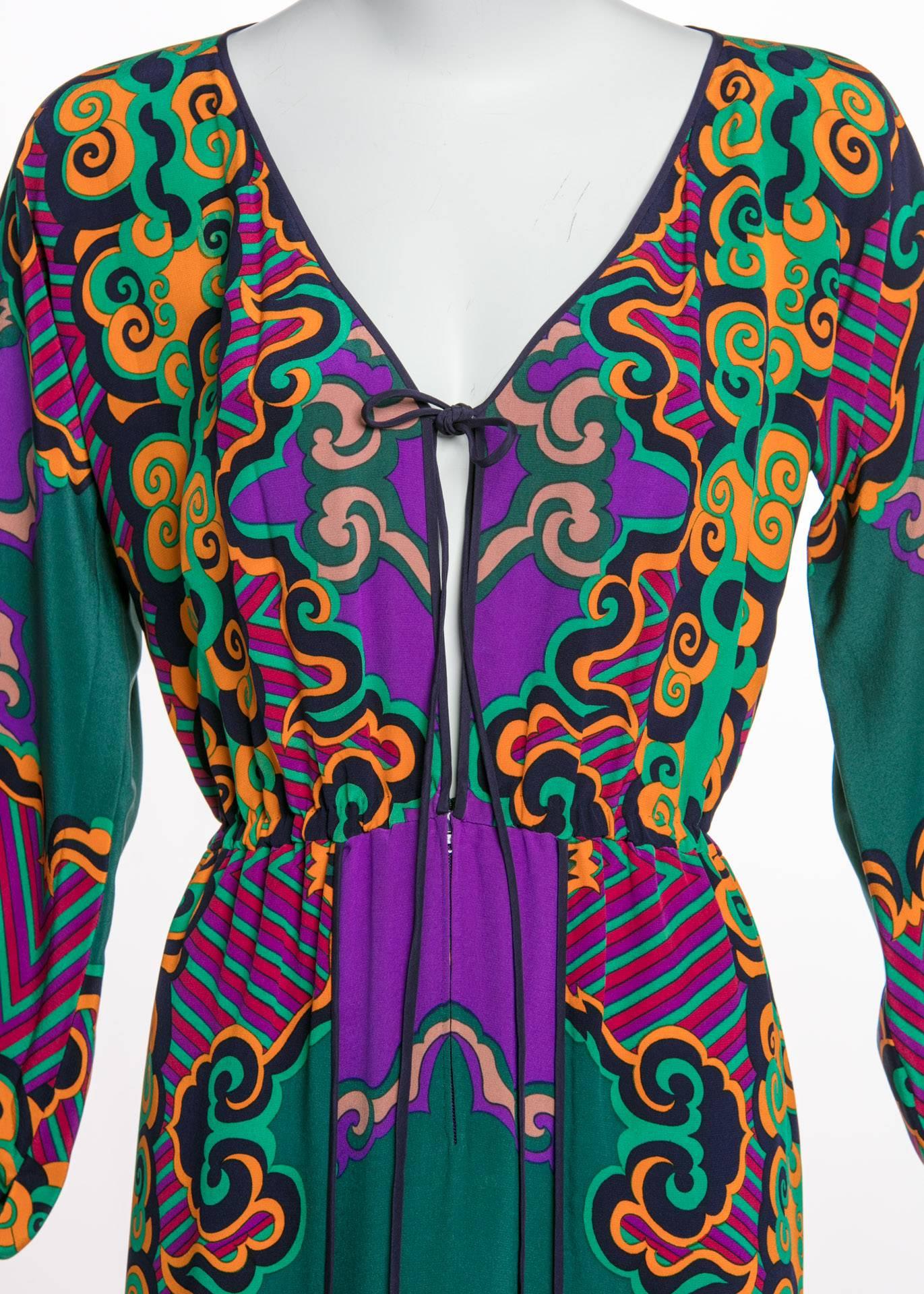 James Galanos Couture Emerald Green and Purple Silk Print Dress, 1970s  2
