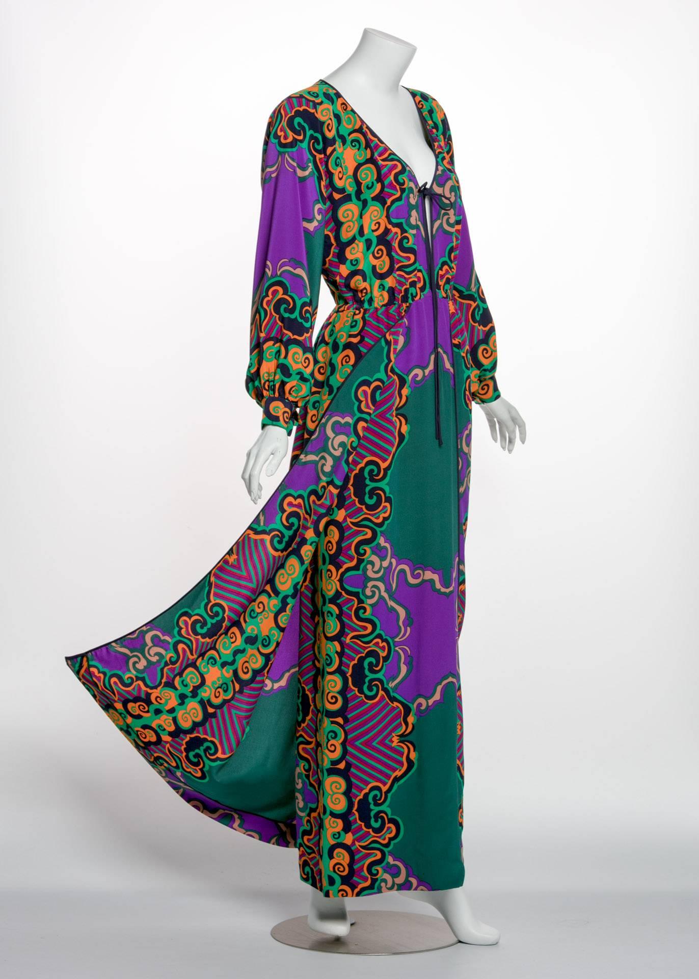 James Galanos Couture Emerald Green and Purple Silk Print Dress, 1970s  3