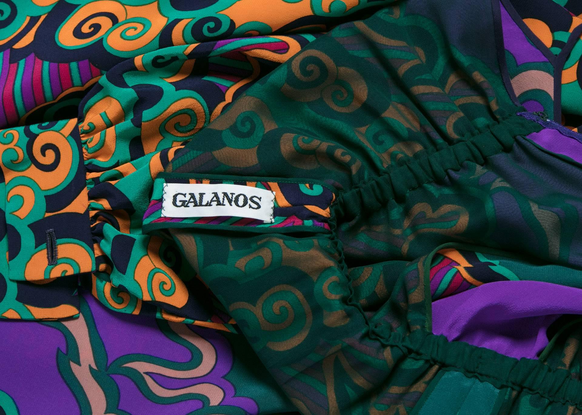 James Galanos Couture Emerald Green and Purple Silk Print Dress, 1970s  4