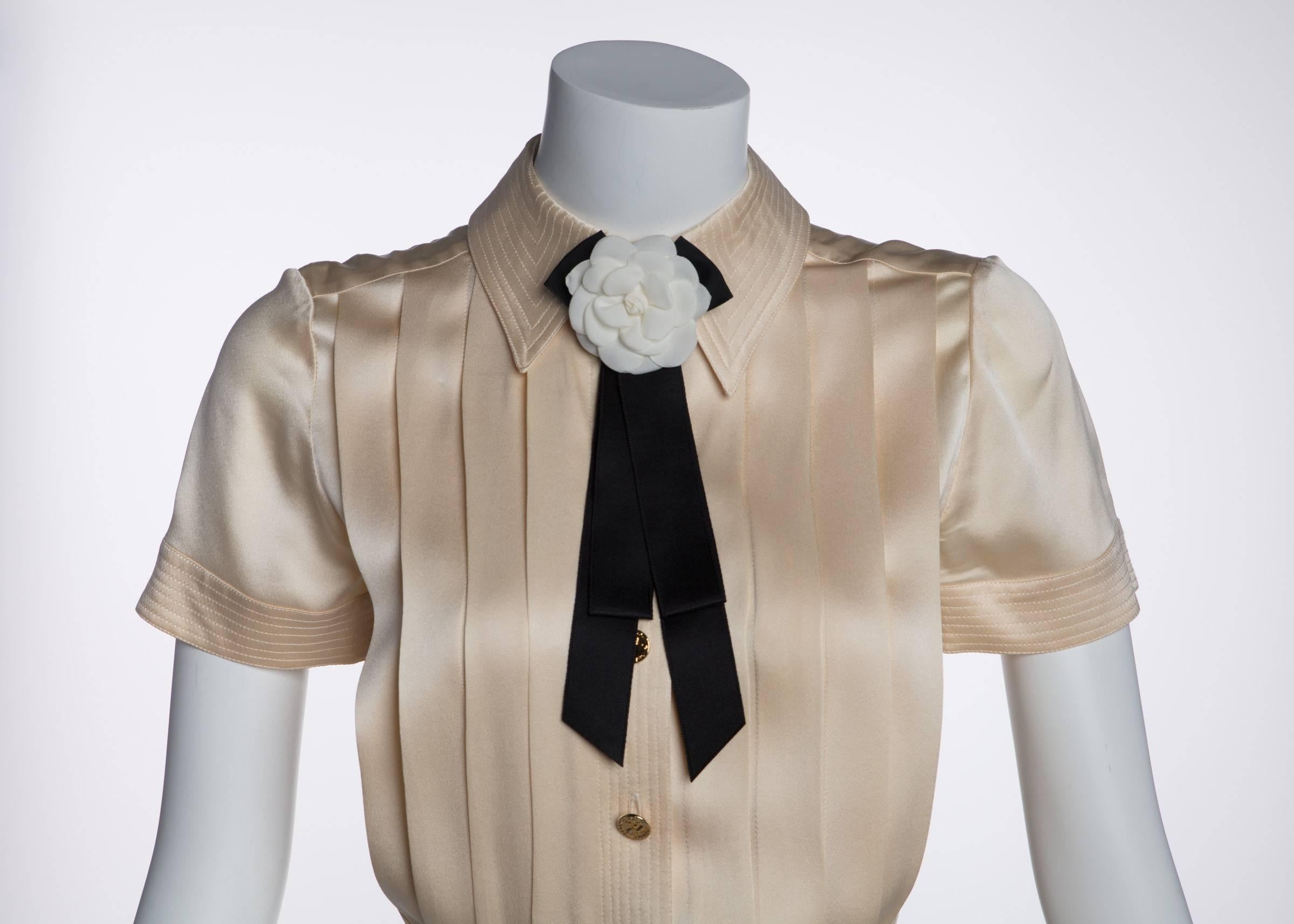 Brown 1990s Chanel Creme Silk Knife Pleats Camellia Bow Belted Shirt Dress Documented