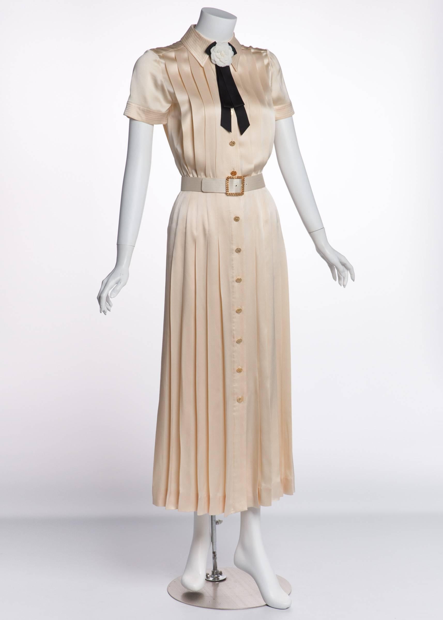 Women's 1990s Chanel Creme Silk Knife Pleats Camellia Bow Belted Shirt Dress Documented