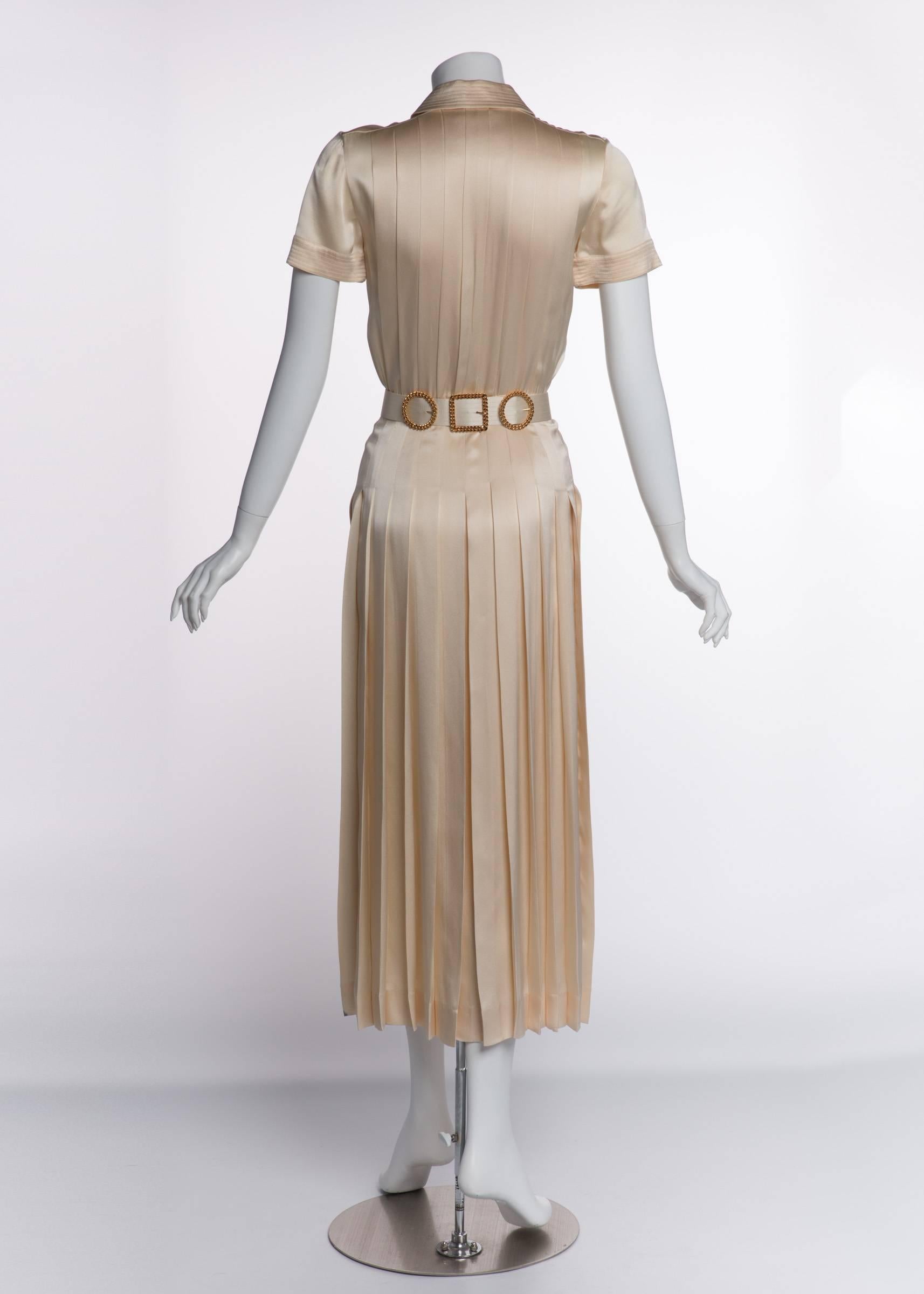 1990s Chanel Creme Silk Knife Pleats Camellia Bow Belted Shirt Dress Documented 1