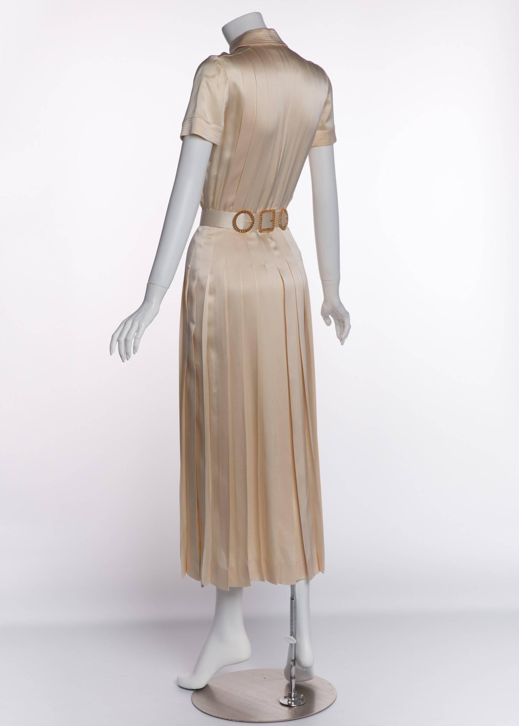 1990s Chanel Creme Silk Knife Pleats Camellia Bow Belted Shirt Dress Documented 2