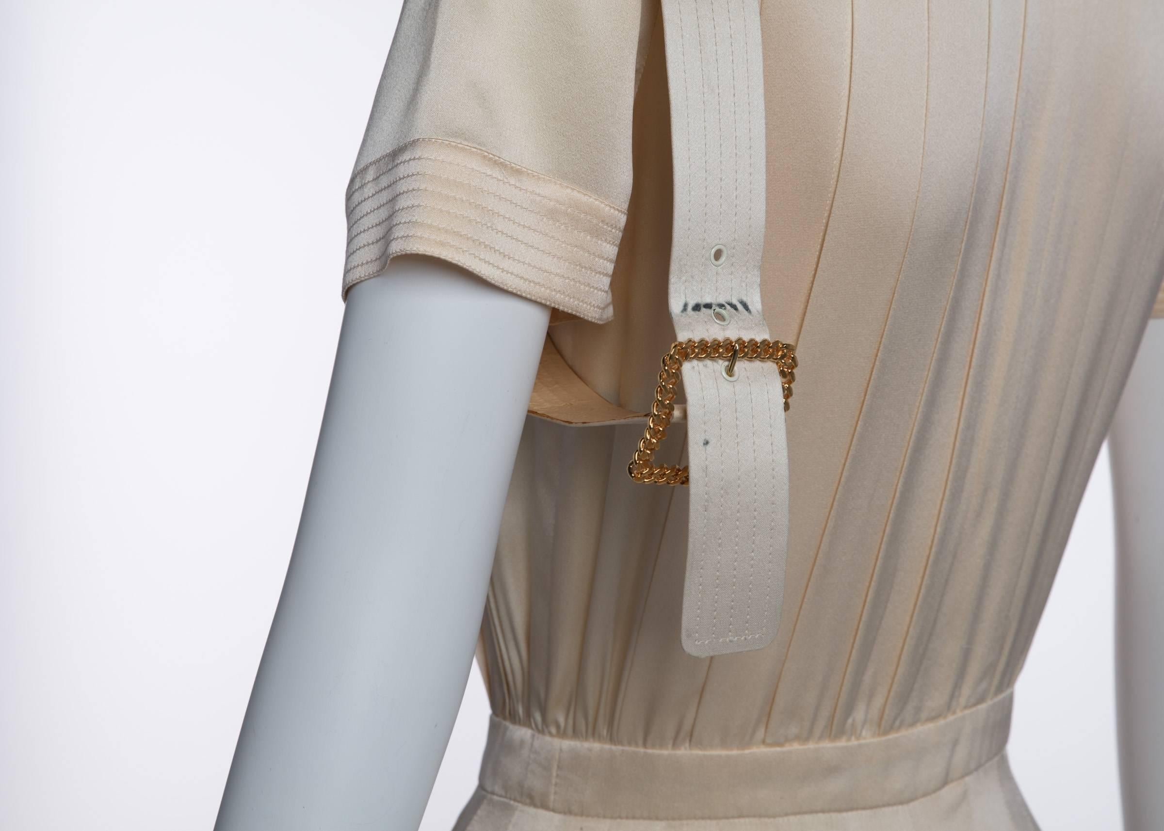 1990s Chanel Creme Silk Knife Pleats Camellia Bow Belted Shirt Dress Documented 3