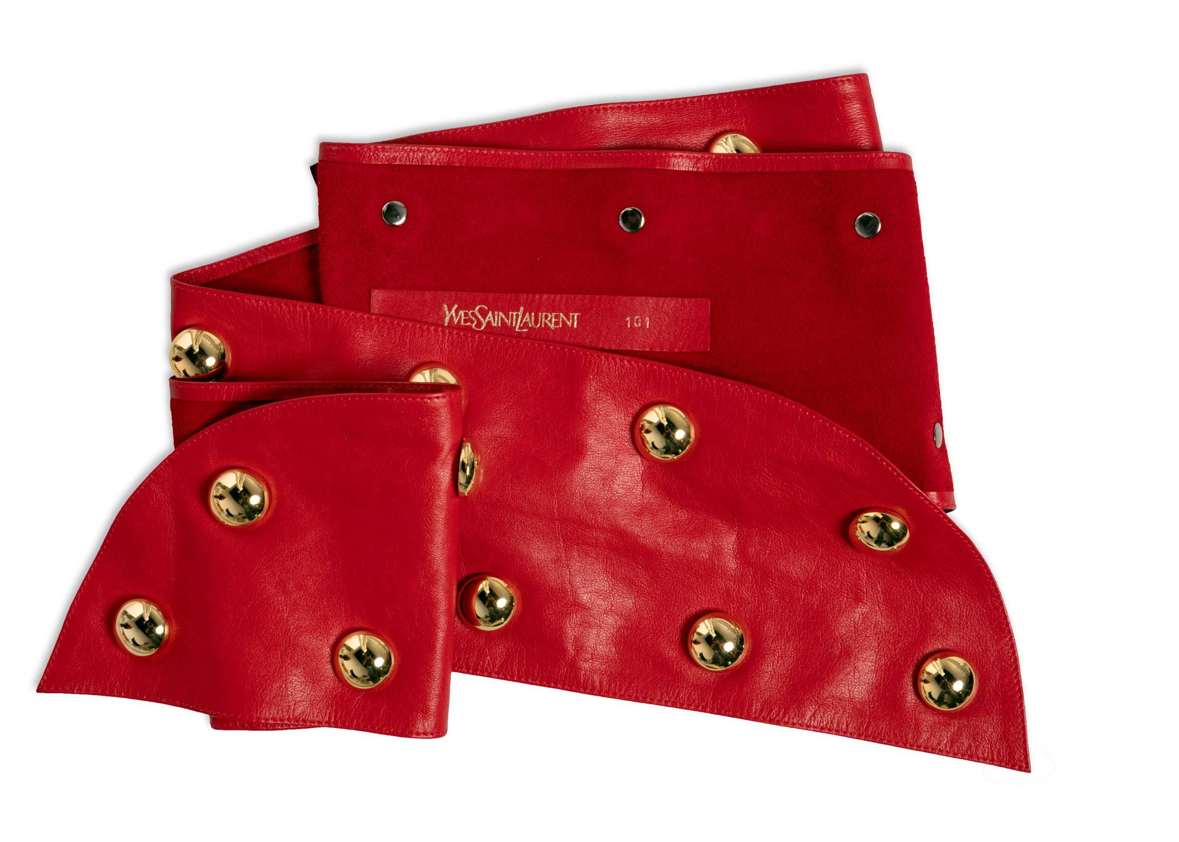 1980s Yves Saint Laurent Red Leather Gold Stud Sash Belt Documented  YSL In Excellent Condition In Boca Raton, FL