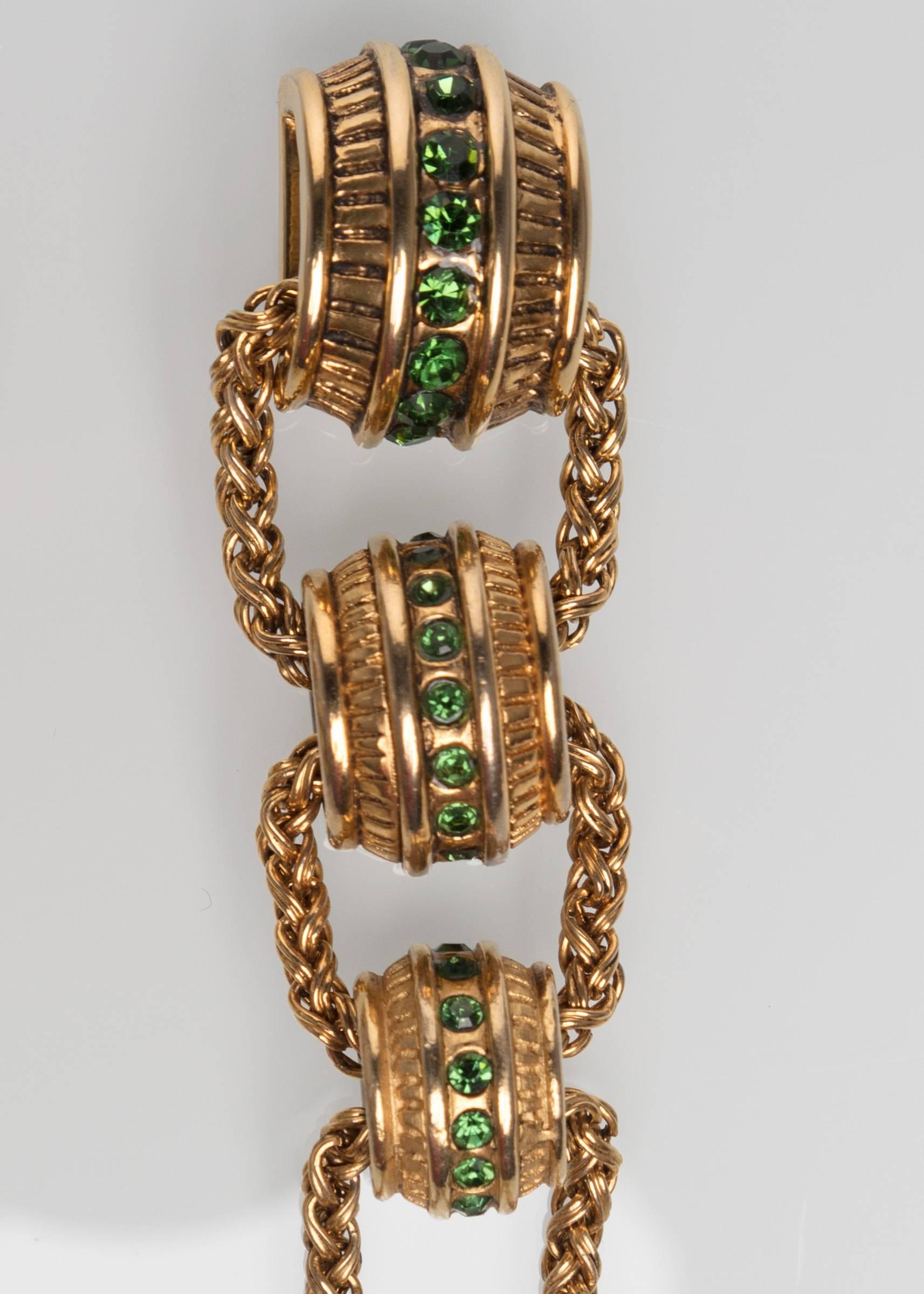 Byzantine 1980s Claire Dévé Gold Green Crystal Shoulder Duster Earrings