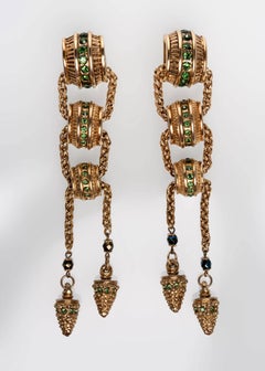 1980s Claire Dévé Gold Green Crystal Shoulder Duster Earrings
