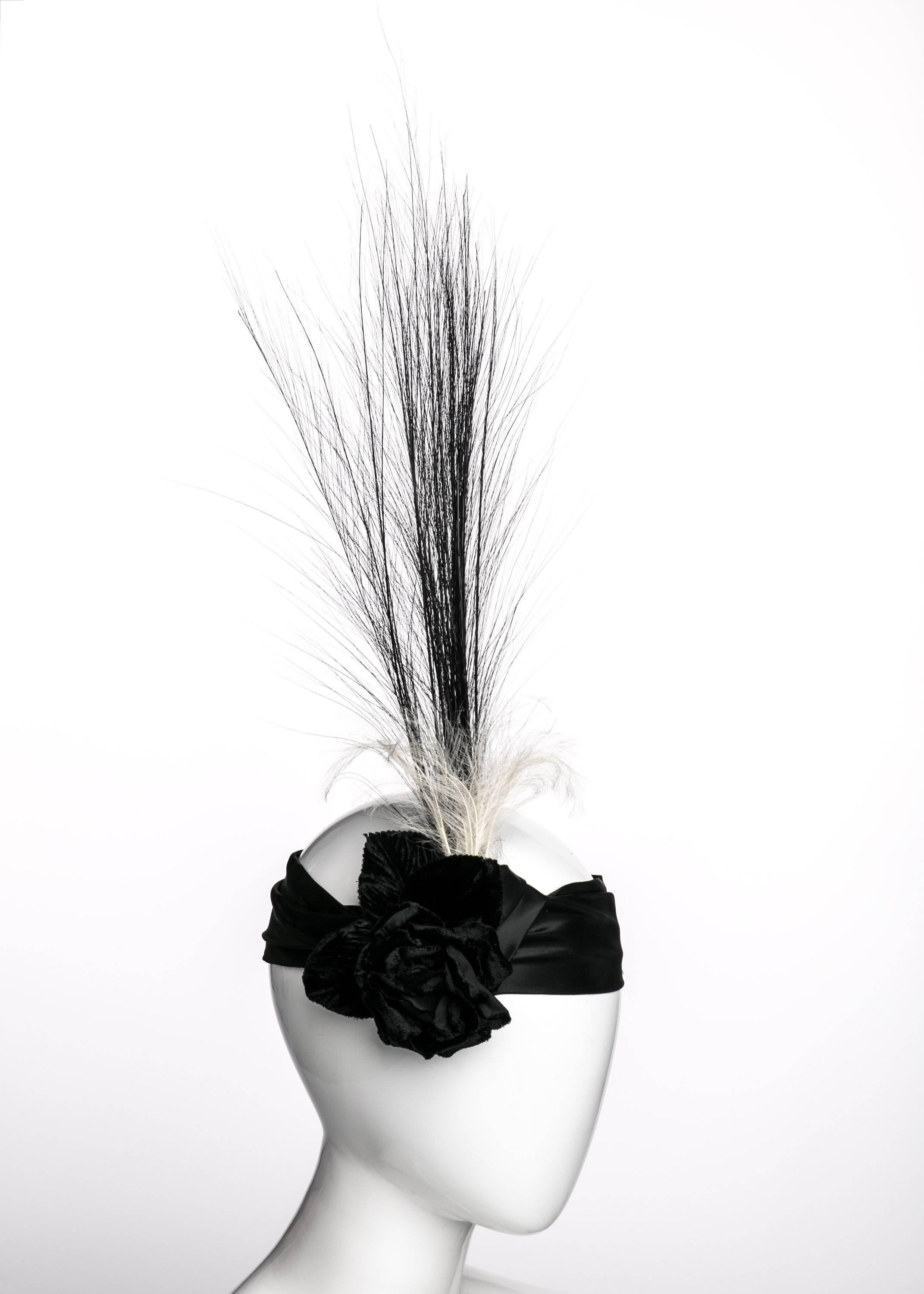 Black Satin Velvet Rose Flapper Feather Headband Headpiece by Unknown Designer In Excellent Condition In Boca Raton, FL