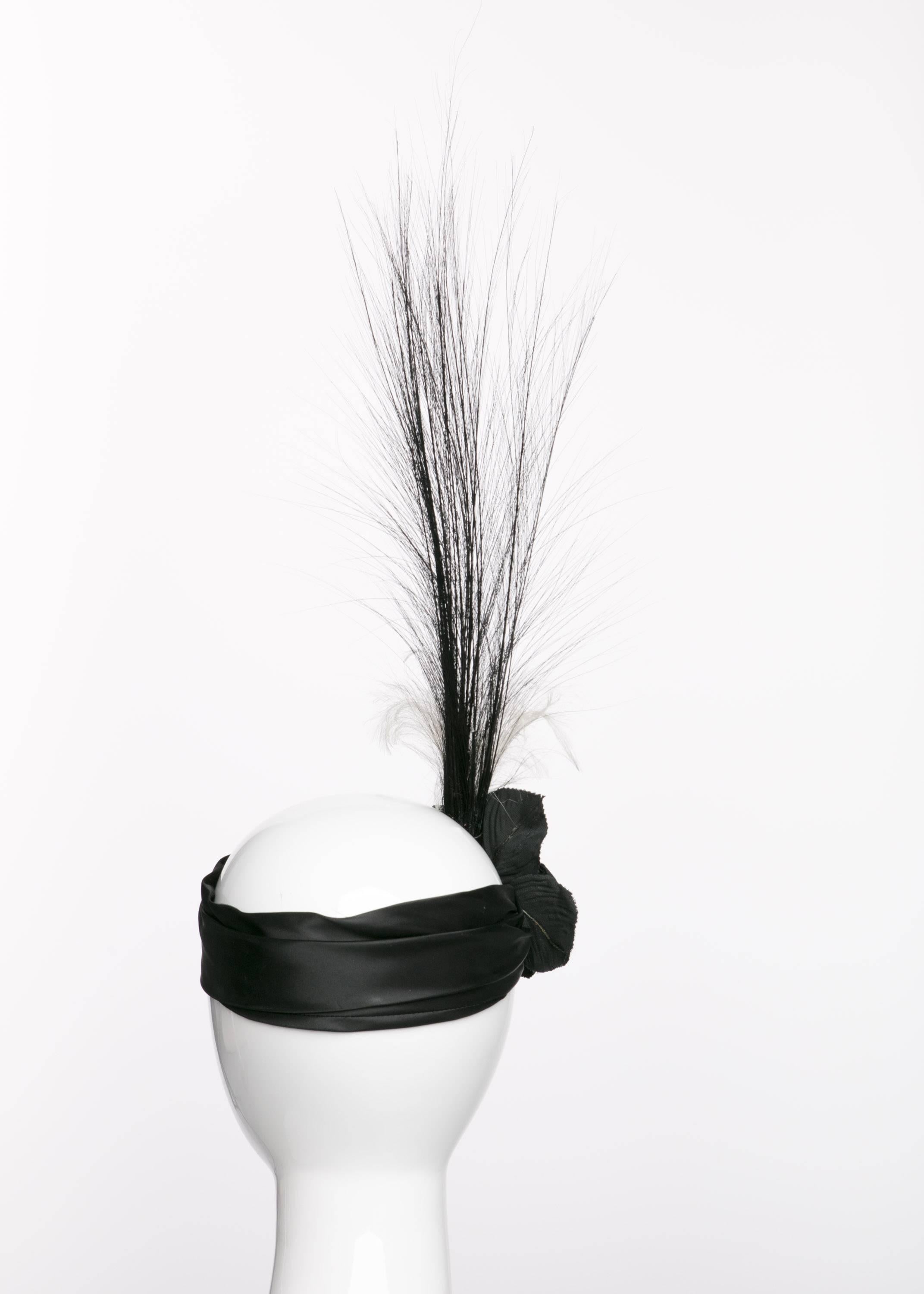 Women's Black Satin Velvet Rose Flapper Feather Headband Headpiece by Unknown Designer