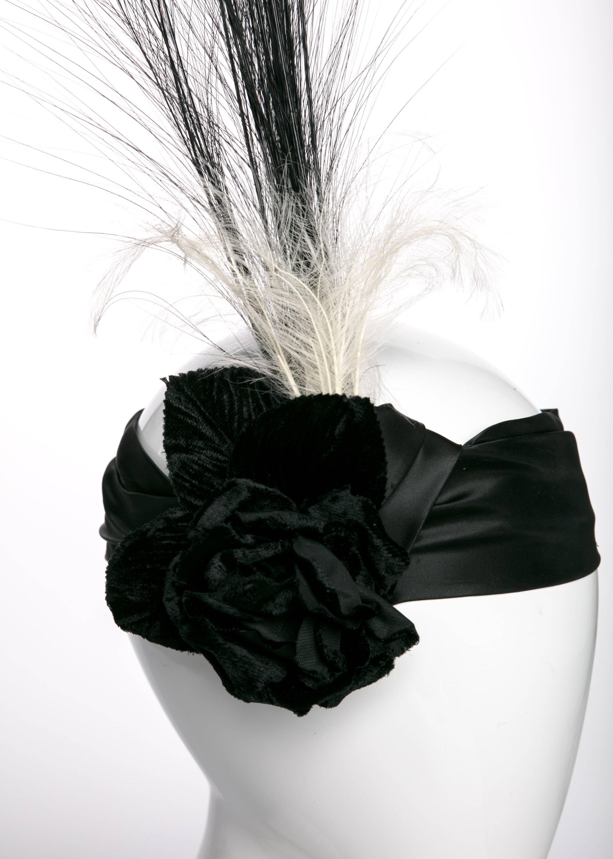 Black Satin Velvet Rose Flapper Feather Headband Headpiece by Unknown Designer 1