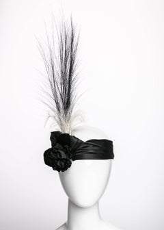 Black Satin Velvet Rose Flapper Feather Headband Headpiece by Unknown Designer