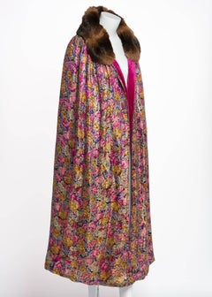 Floral Silk Metallic Lamé and Pink Velvet Fur Collar Flapper Coat Cape, 1920s