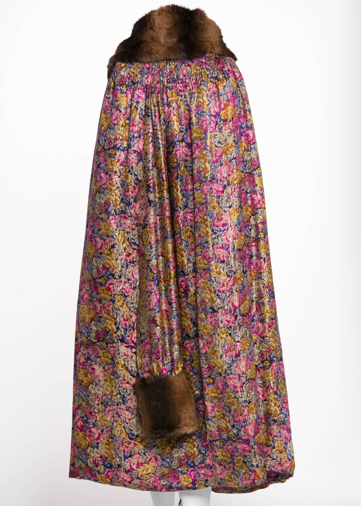 Brown Floral Silk Metallic Lamé and Pink Velvet Fur Collar Flapper Coat Cape, 1920s   