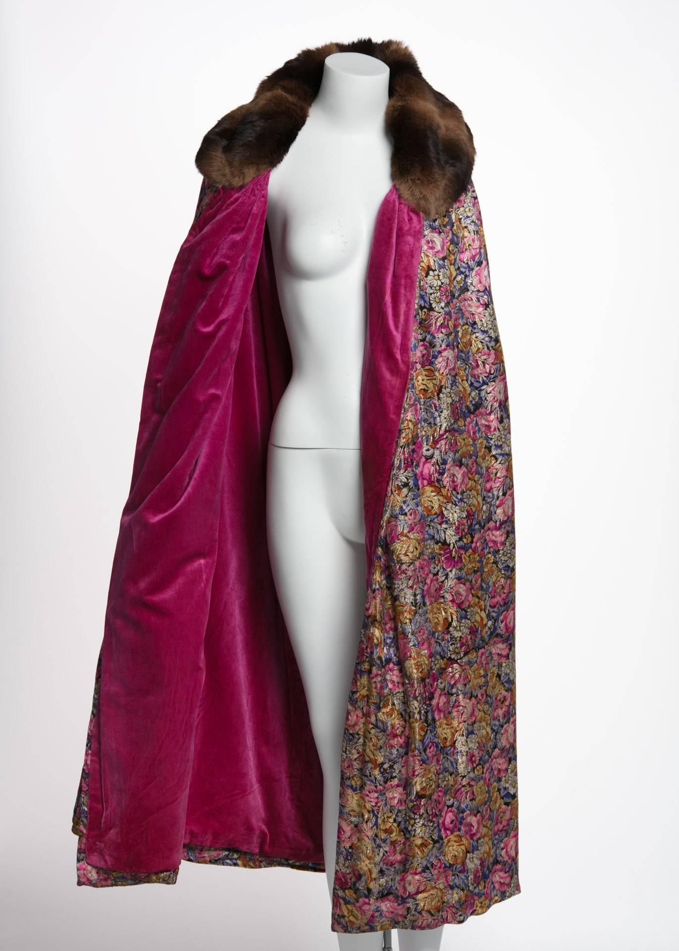 Women's Floral Silk Metallic Lamé and Pink Velvet Fur Collar Flapper Coat Cape, 1920s   