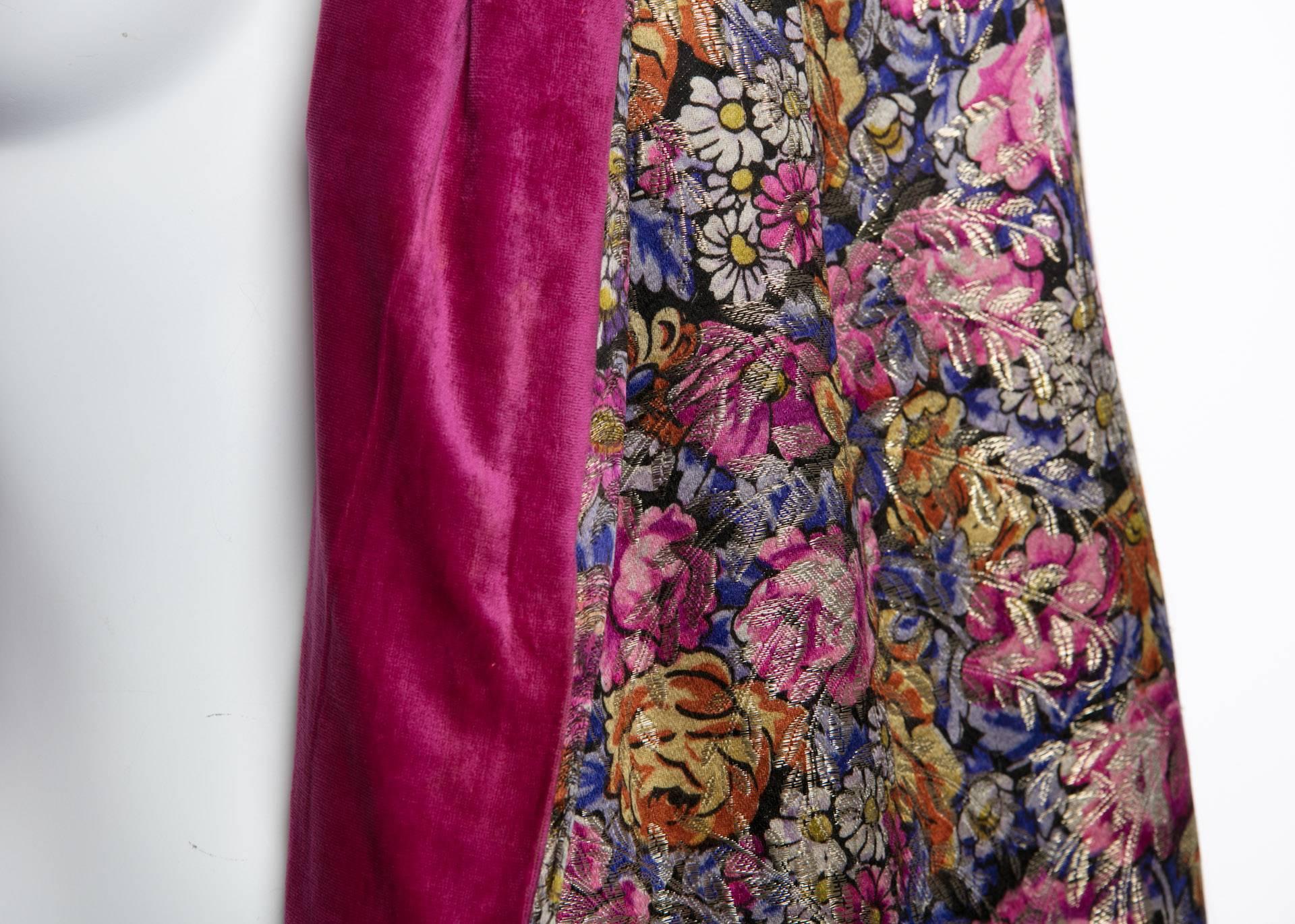 Floral Silk Metallic Lamé and Pink Velvet Fur Collar Flapper Coat Cape, 1920s    1