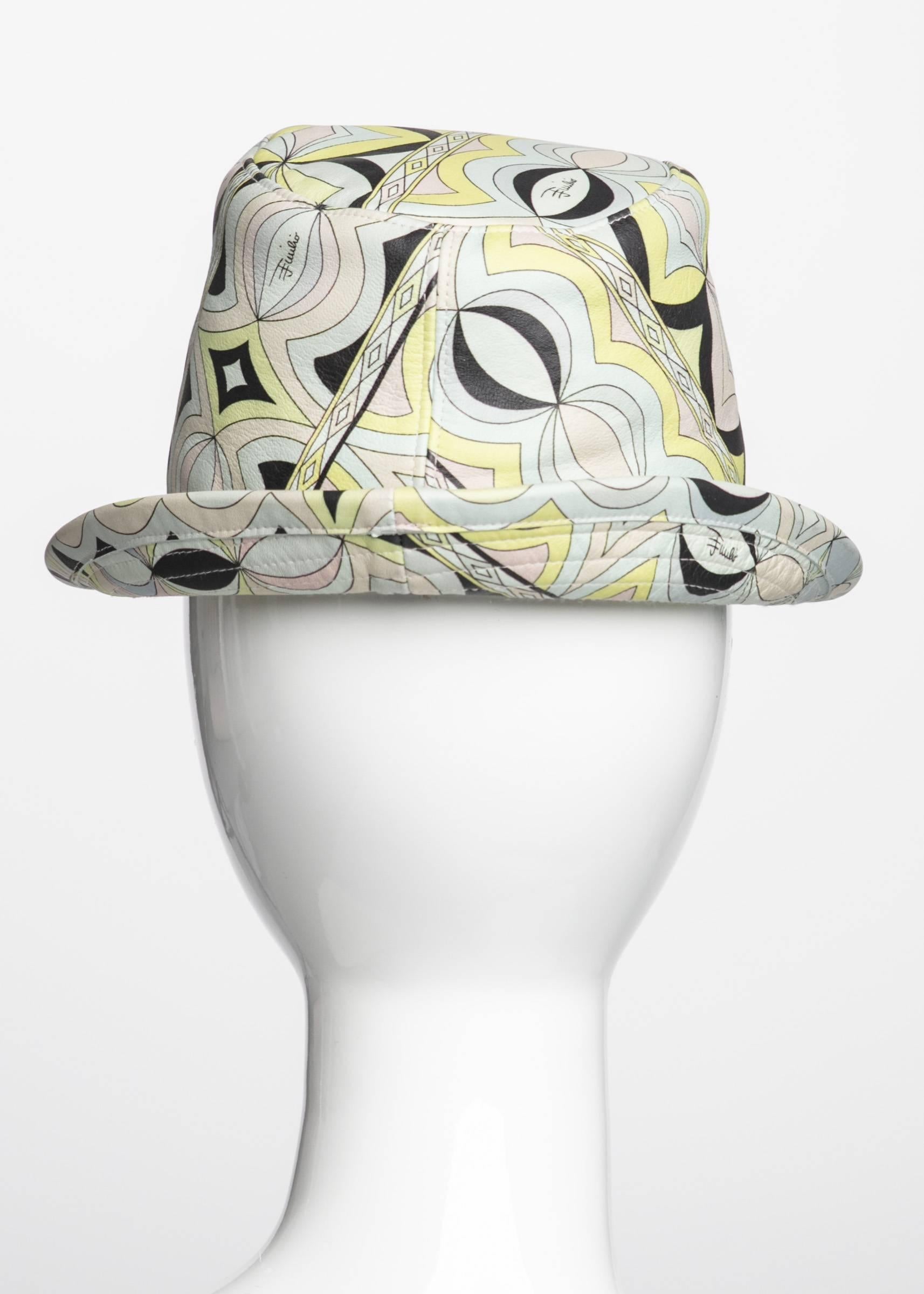 Beige Emilio Pucci Sorbet Colors Printed Leather Fedora Hat
